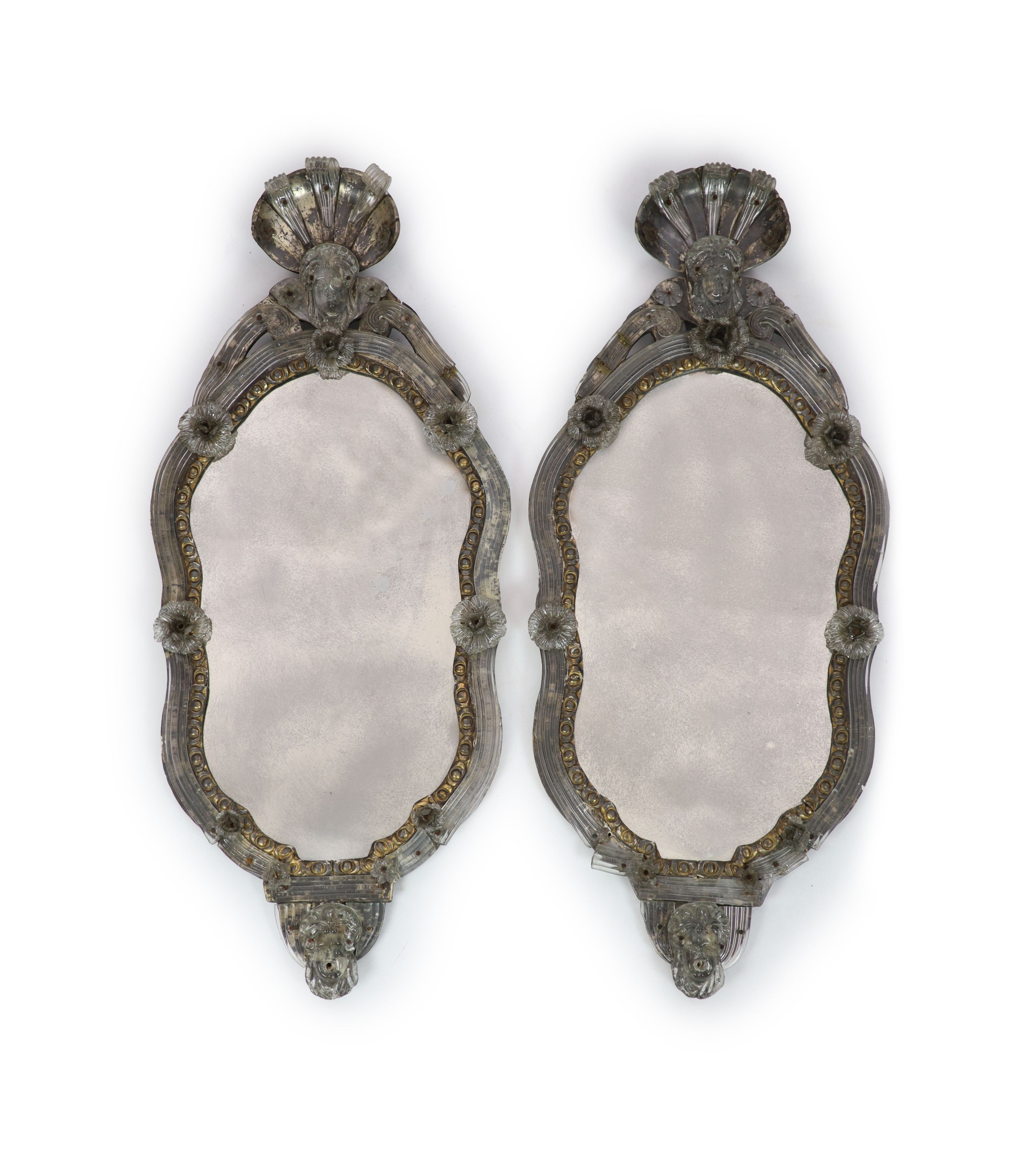 A pair of 19th century Venetian glass and silvered wood wall mirrors, W.51cm H.118cm                                                                                                                                        