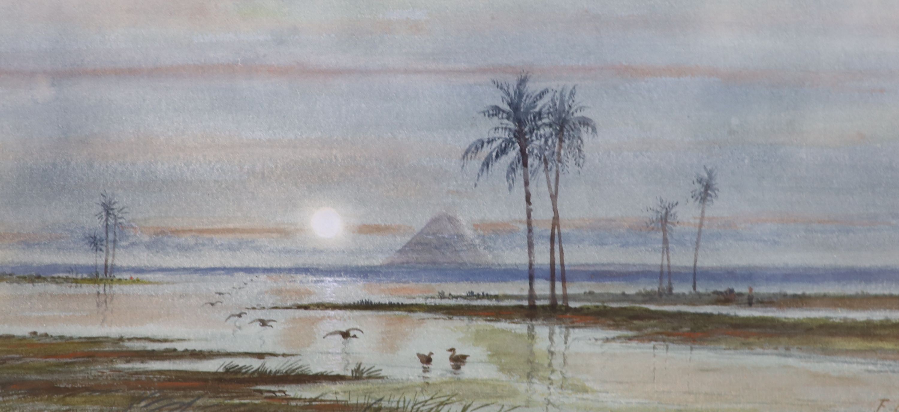 Frank Catano (1880-1920), watercolour, Egyptian Pyramids at dawn, signed, 18 x 38cm                                                                                                                                         