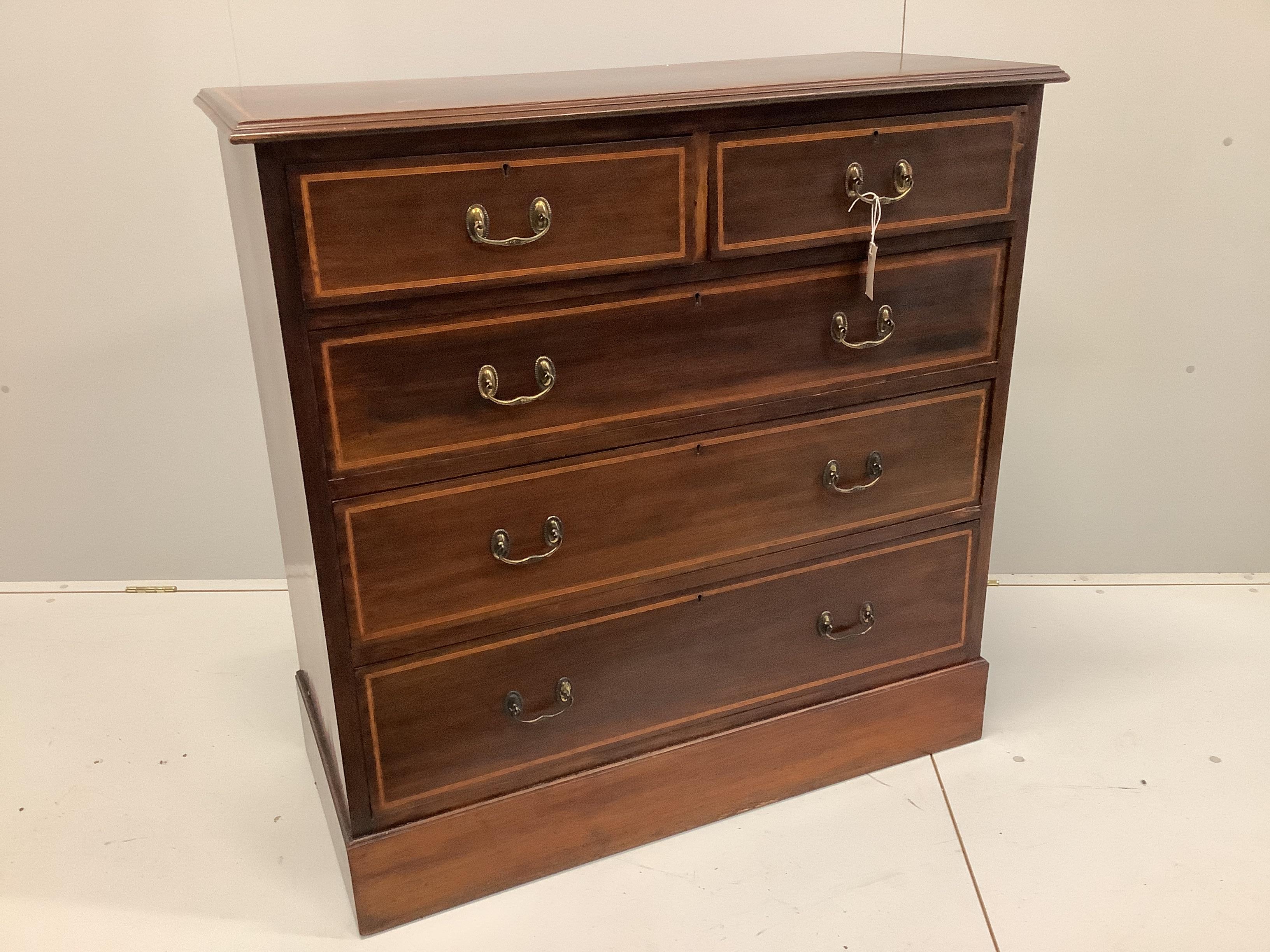 An Edwardian satinwood banded mahogany chest of five drawers, width 106cm, depth 50cm, height 107cm                                                                                                                         