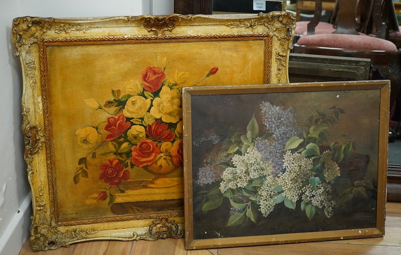 Eugene Brook, oil on canvas, Still life of roses in a vase, signed, together with another late 19th / early 20th century School still life of flowers, unsigned, largest 50 x 60cm. Condition - fair, in need of a clean    