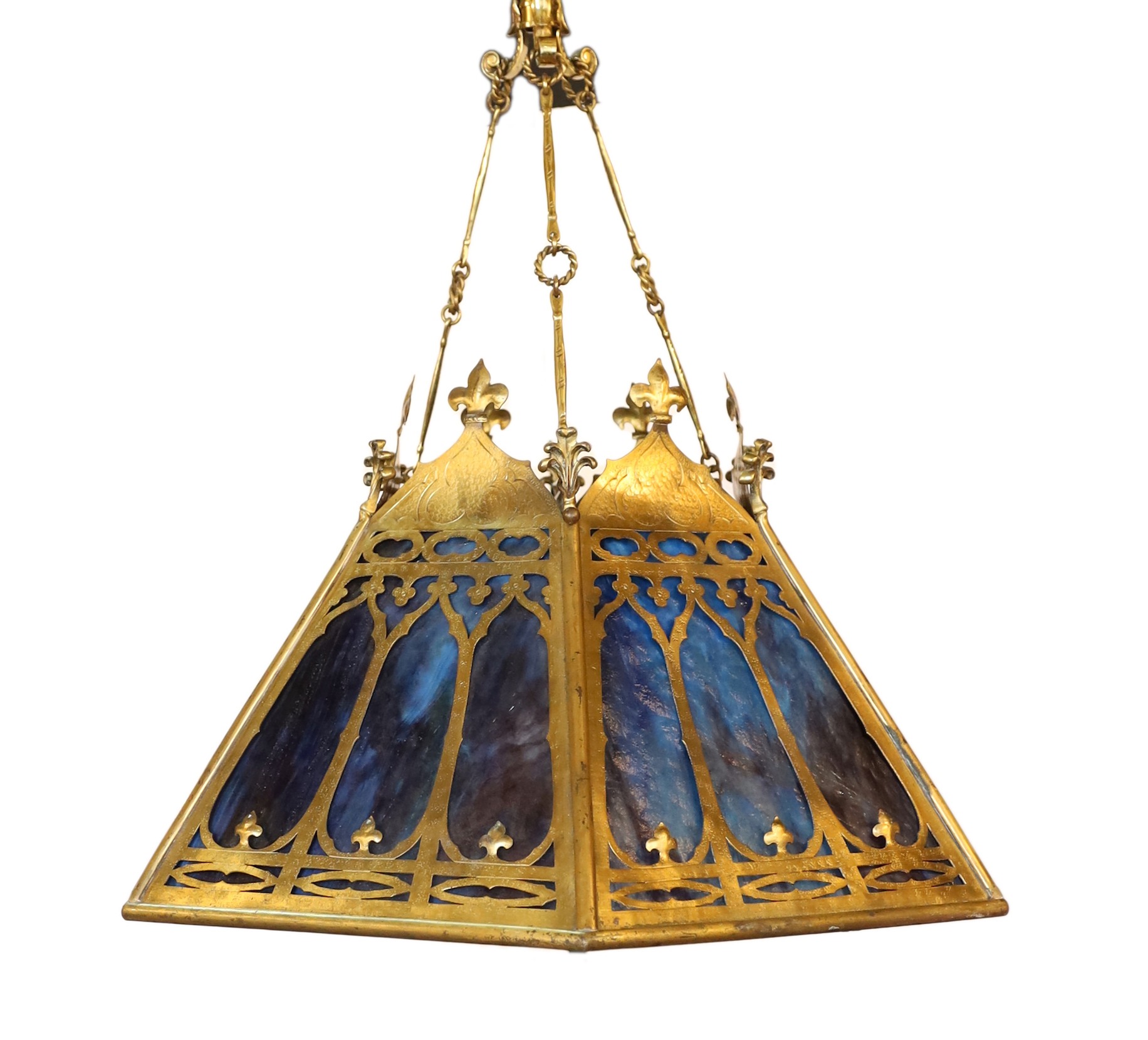A 19th century Scottish Gothic hexagonal brass and marbled glass light fitting, drop 70cm. width 63cm                                                                                                                       