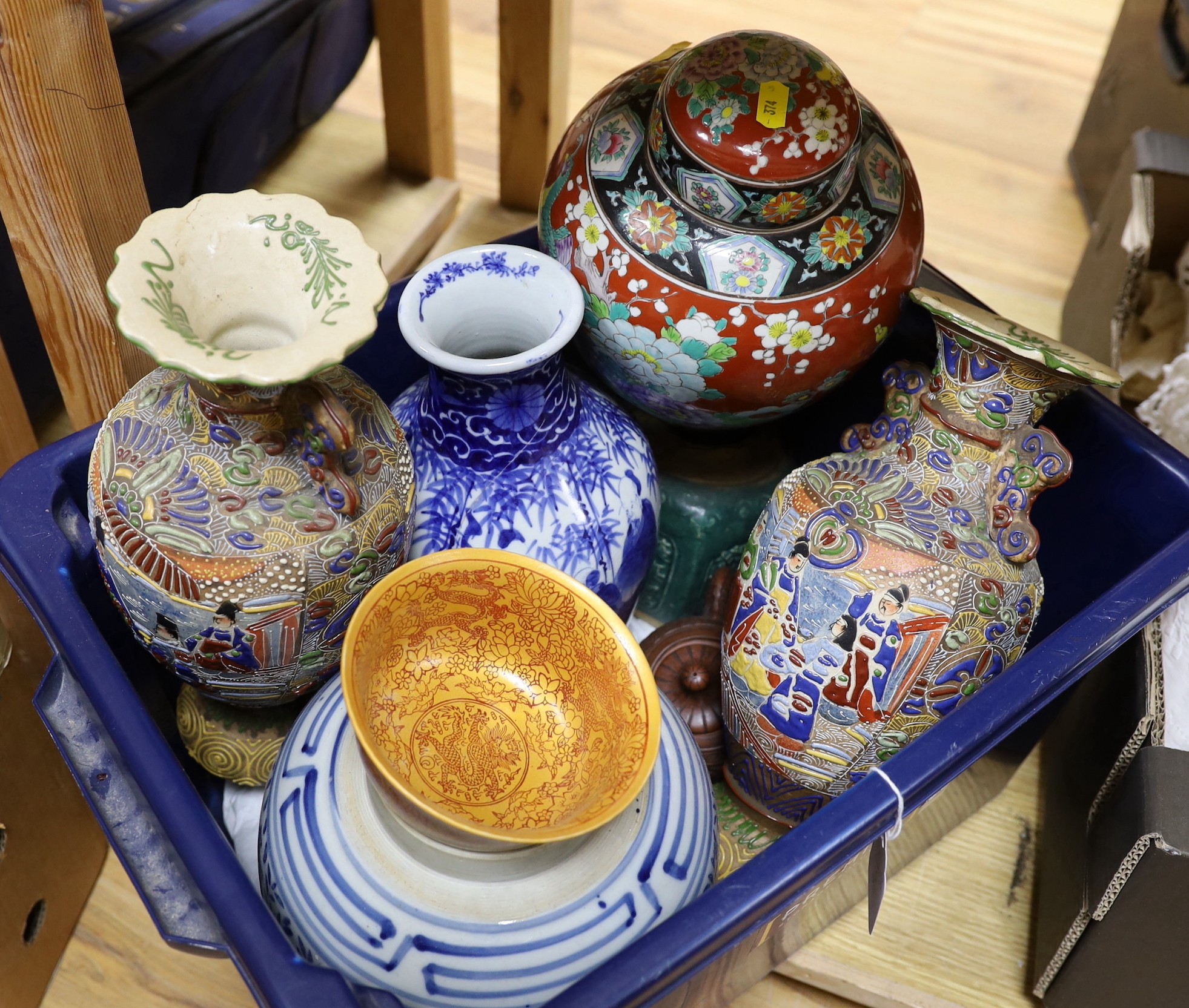 A group of mixed Japanese ceramic vases and a jar                                                                                                                                                                           