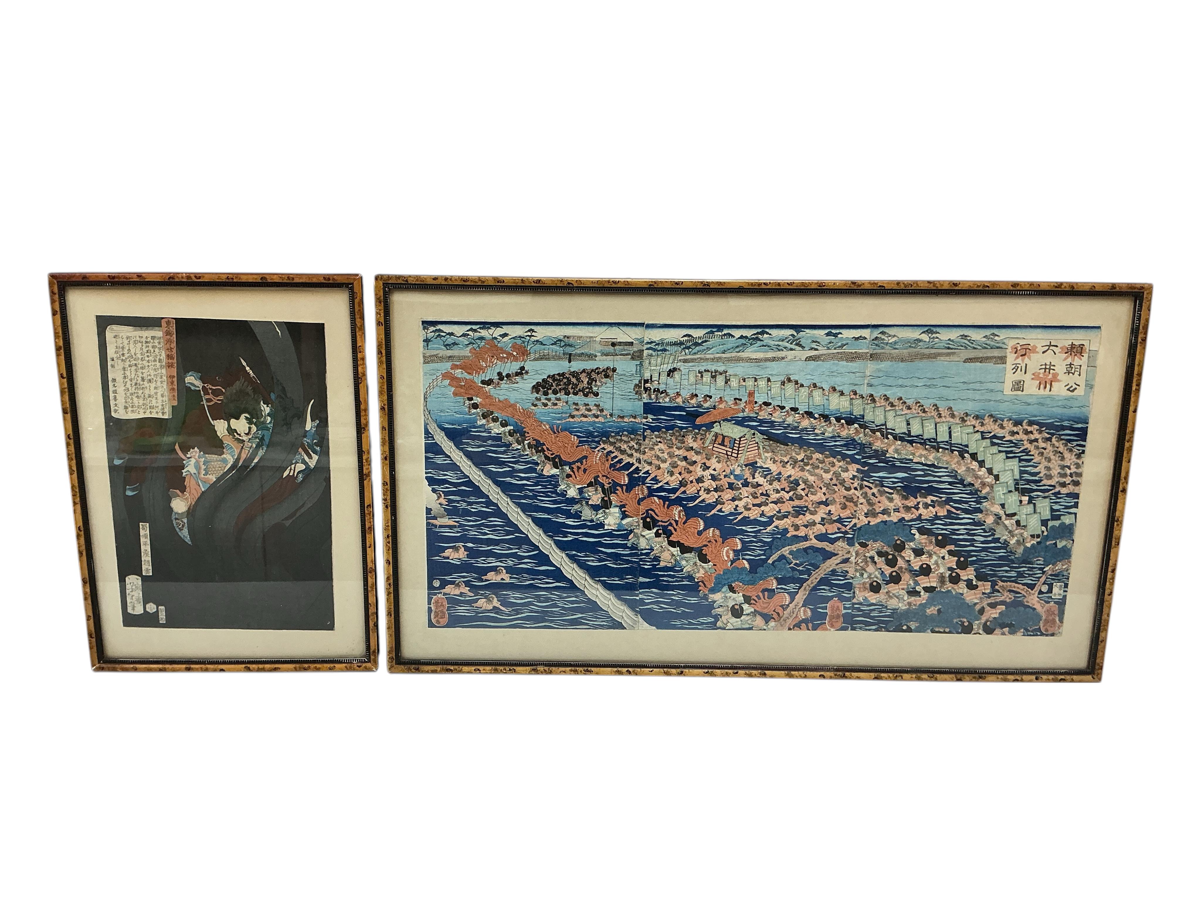 A Japanese woodblock triptych after Utagawa Yoshitsuya, procession ...