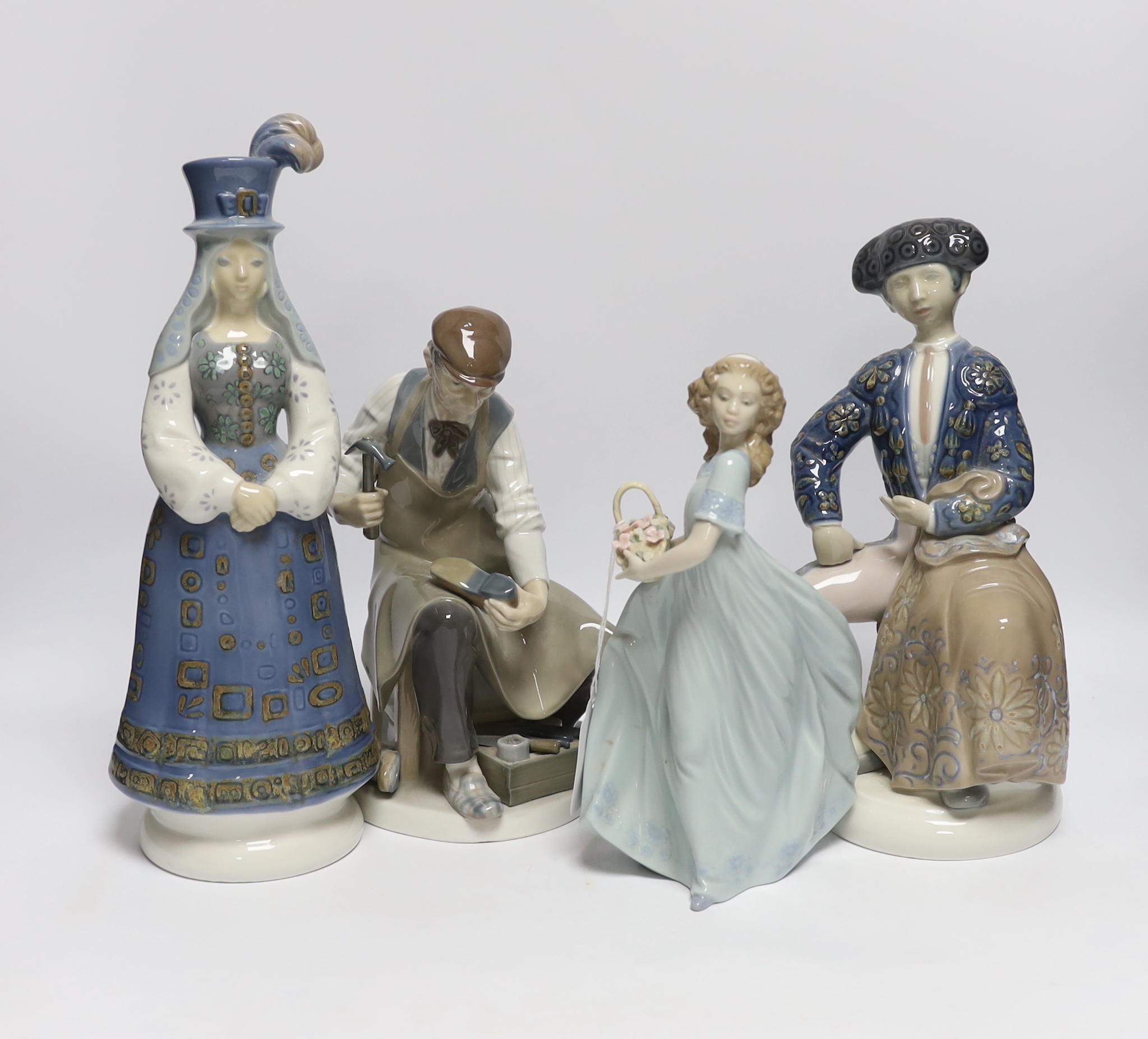 Four Lladro figures: a matador, two women and a cobbler, tallest 33cm                                                                                                                                                       