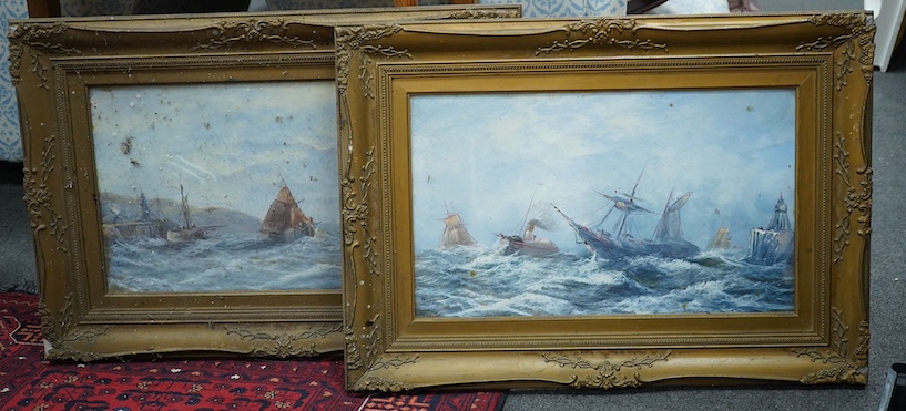 20th century School, pair of oils, maritime seascapes, unsigned, 29 x 49cm. Condition - fair, in need of a clean                                                                                                            