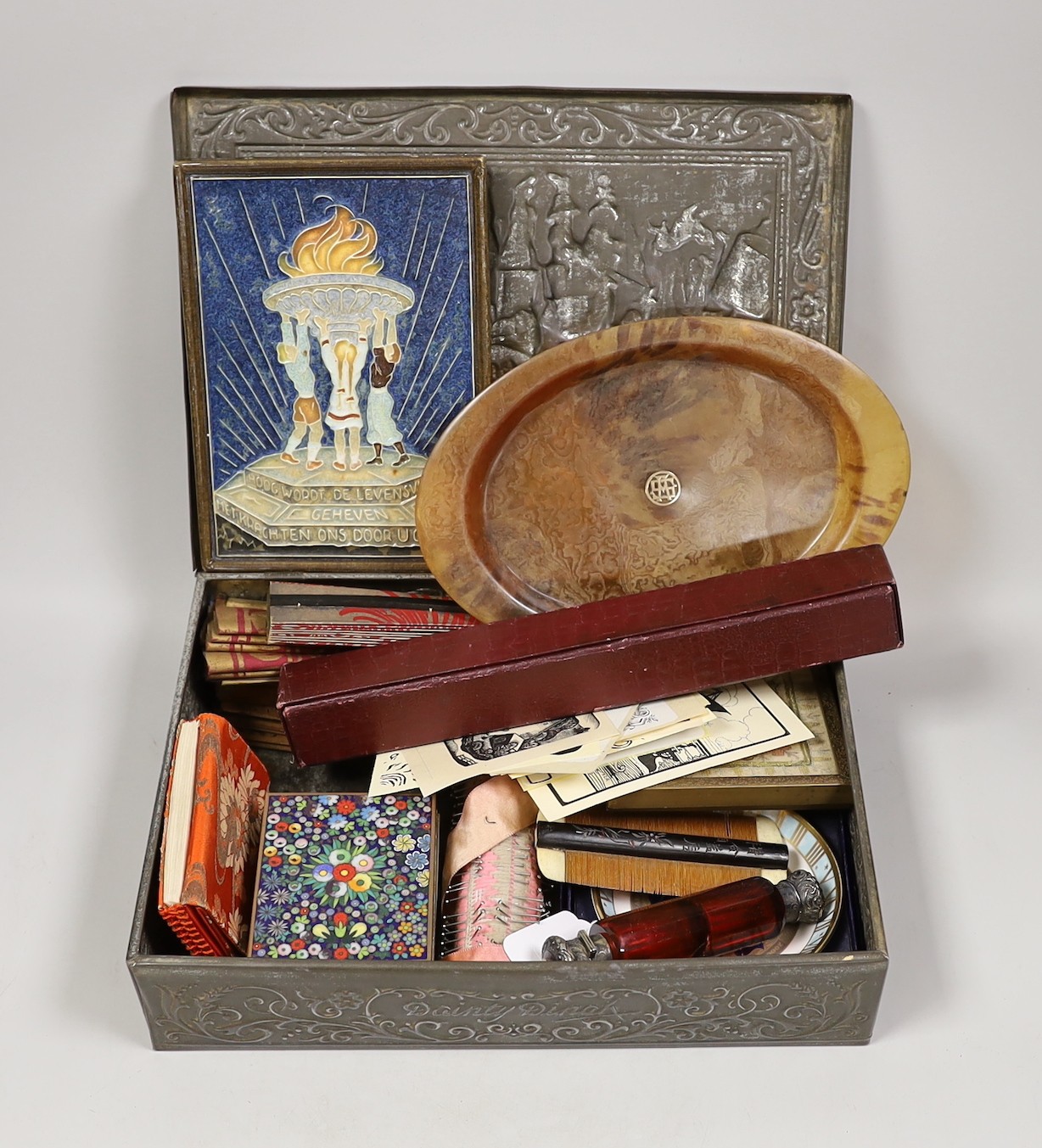 A 19th century ruby glass double ended scent bottle, two European and two Japanese fans, two Turkish embroideries, a tortoiseshell card tray possibly with gold mount and mixed collectables                                