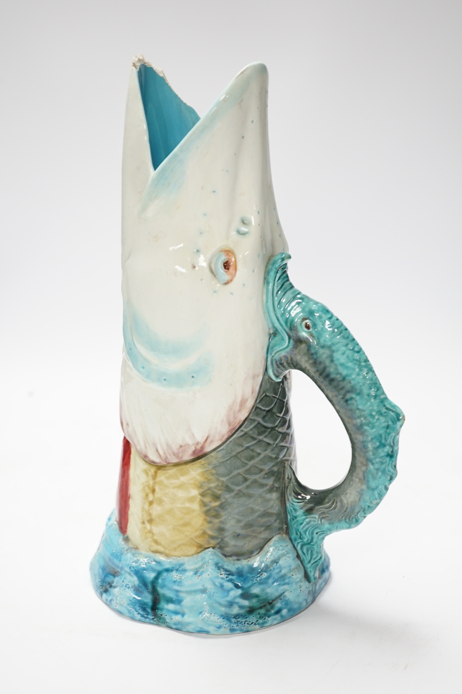 A Victorian Royal Worcester majolica trout jug, 30cm high                                                                                                                                                                   