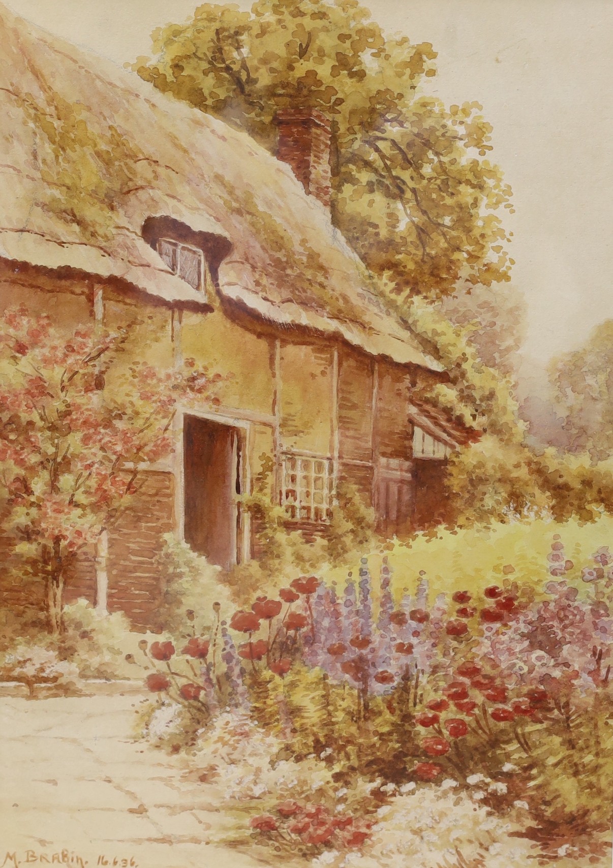 M. Brabin, watercolour, Cottage and flower garden, signed and dated '36, 37 x 26cm                                                                                                                                          