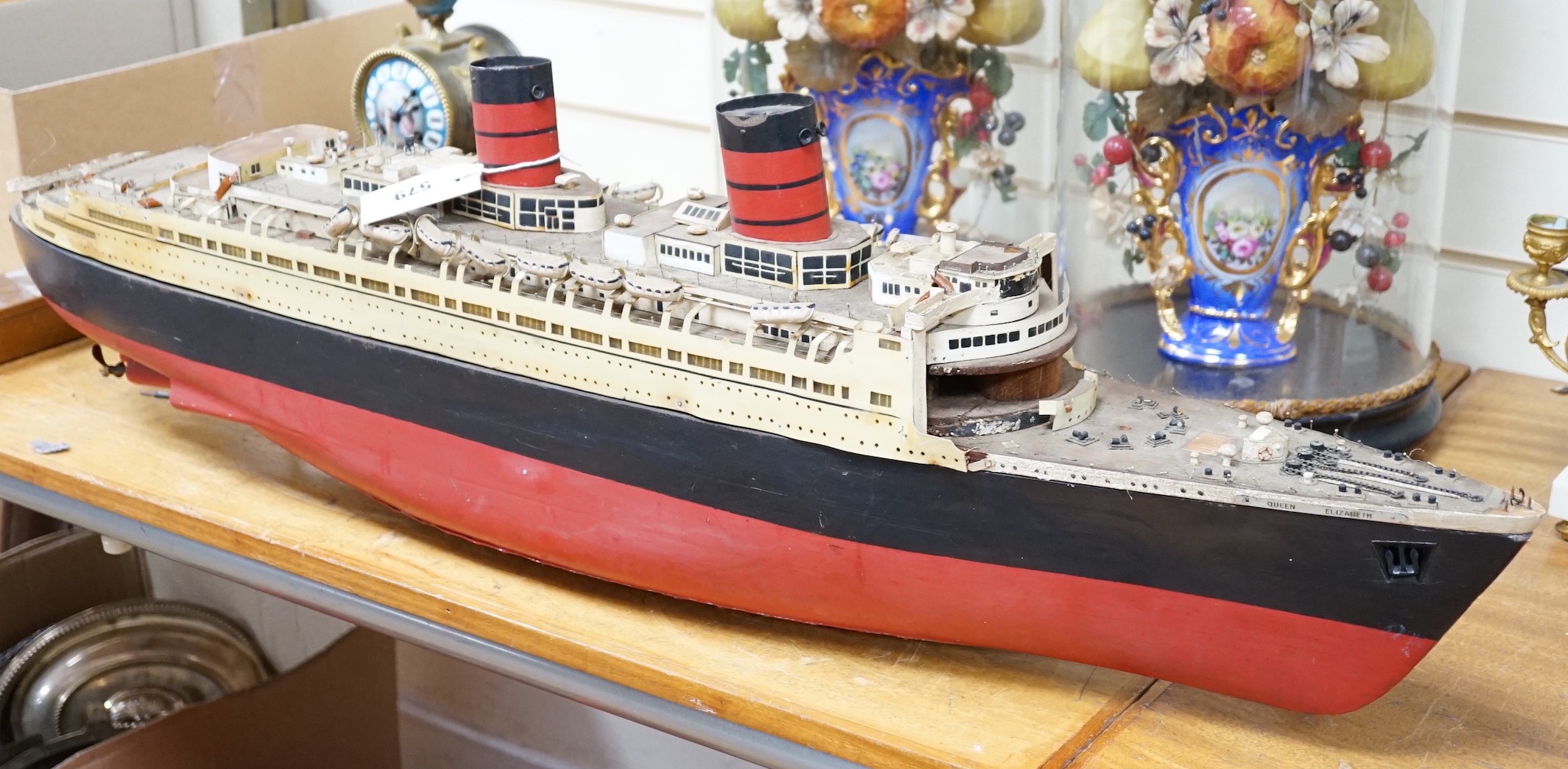 A large scratch built model, Queen Elizabeth ocean going liner, 105cms long                                                                                                                                                 