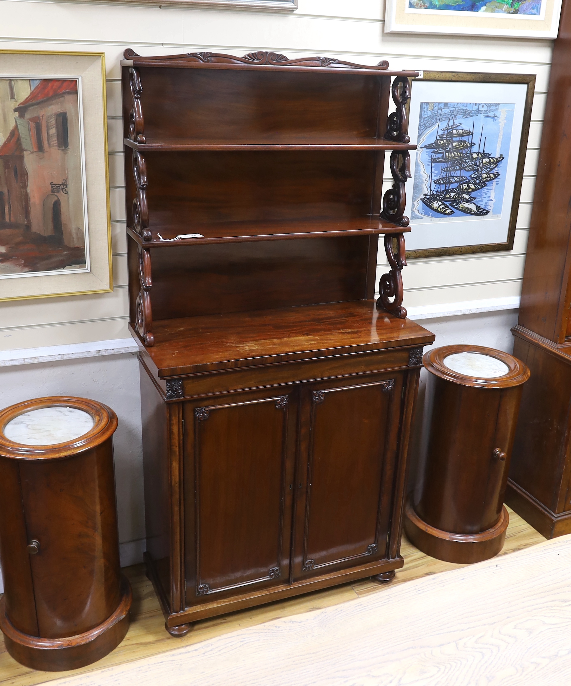 A Victorian mahogany chiffonier with graduated superstructure, width 87cm, depth 39cm, height 174cm                                                                                                                         