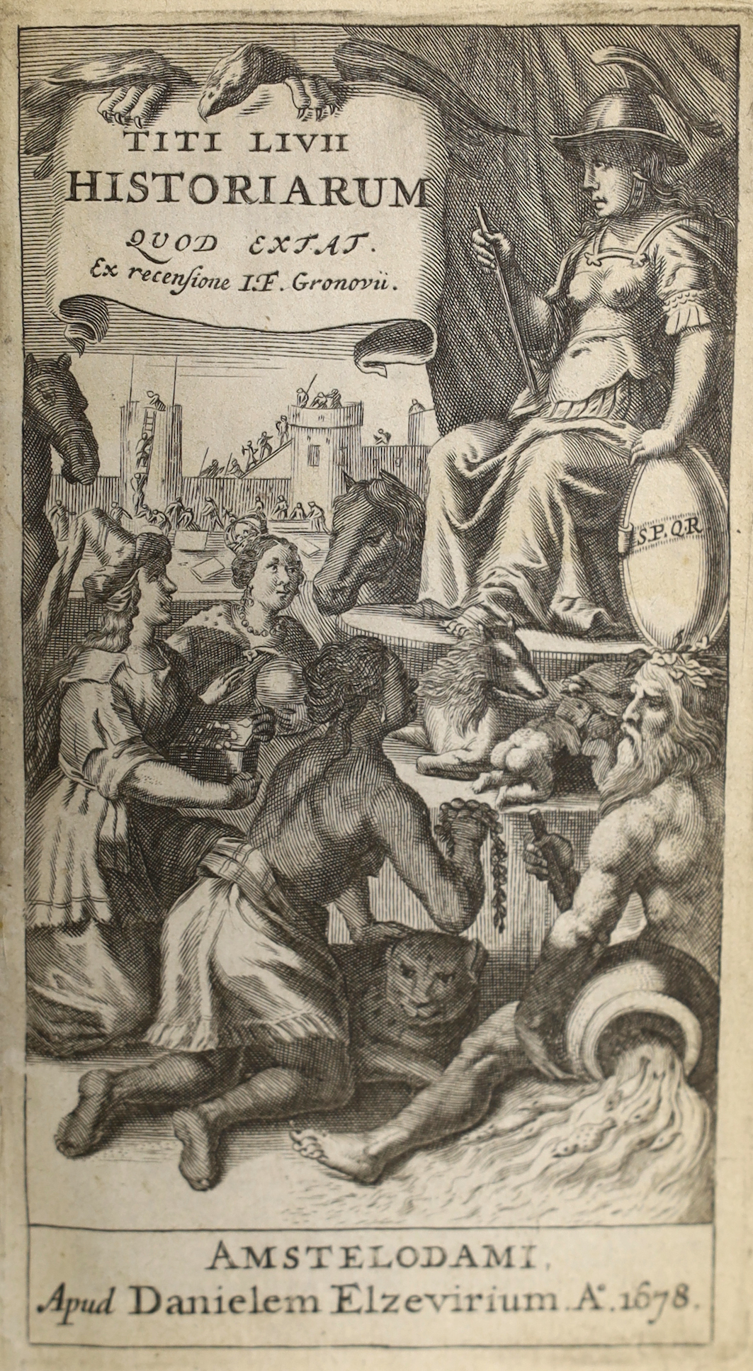Livy, Titus - Titi Livii Historiarum Quod Extat, Ex Recensione IF Gronovii, 16mo, contemporary vellum, engraved title, Latin text in two columns, 788 pp. (complete), Danielem Elzevirium, Amsterdam, 1678                  