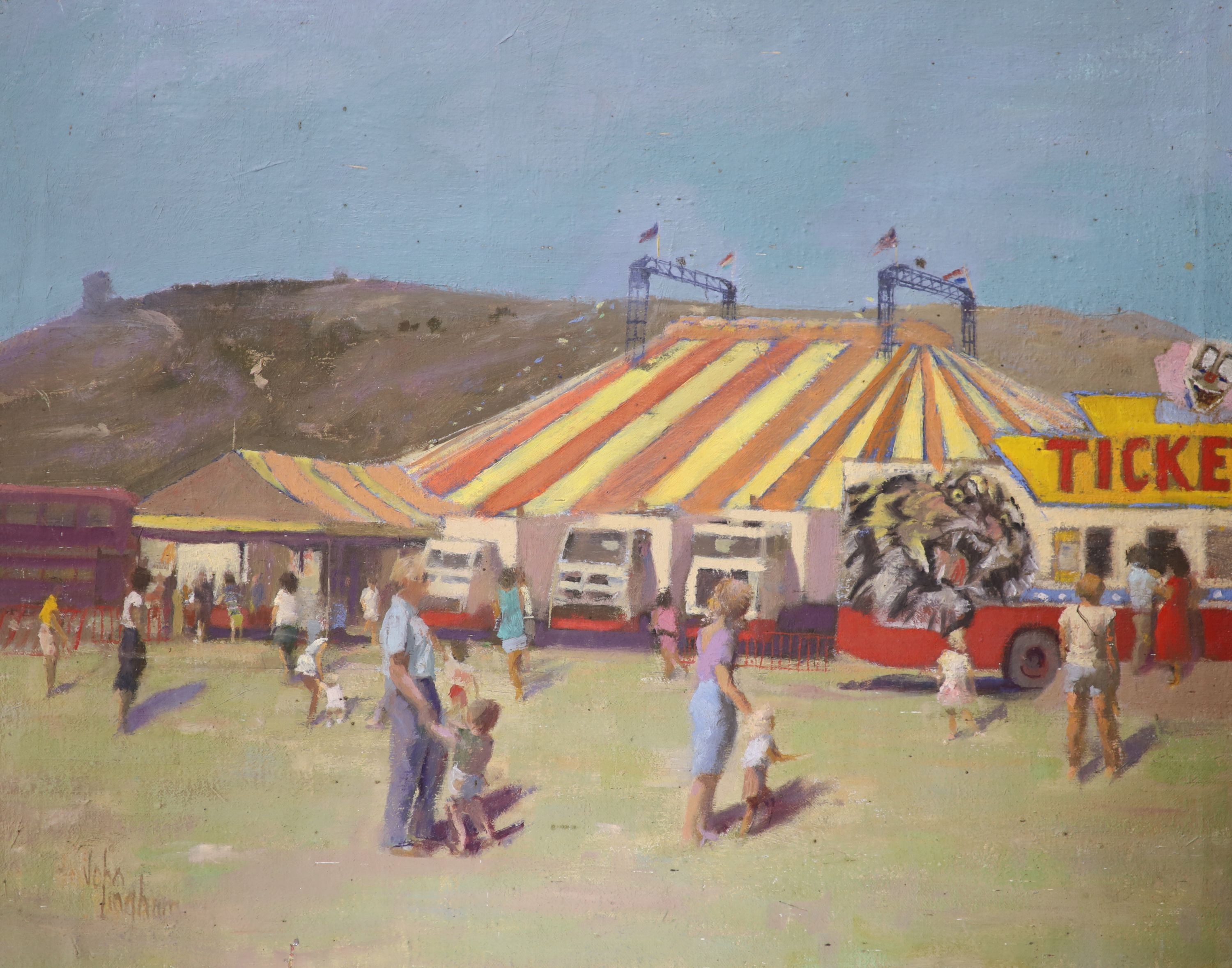 John Ingham, oil on canvas, Figures beside a circus tent, signed, 46 x 56cm, unframed                                                                                                                                       