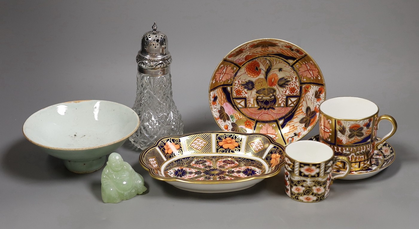 A Chinese bowenite buddha, a Chinese provincial dish, a Derby 1128 dish, a Silver mounted sugar sifter and other miscellaneous items                                                                                        