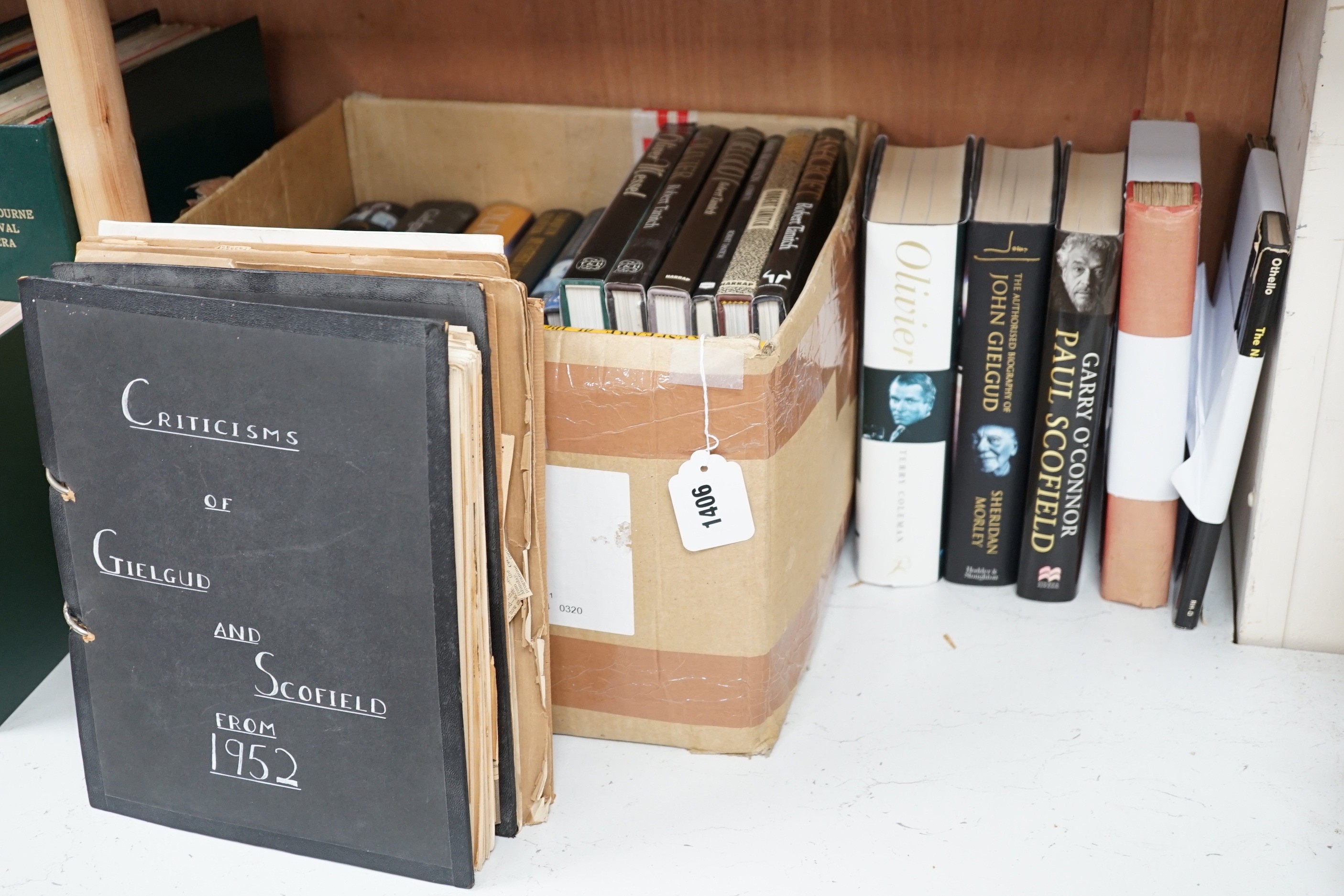 A quantity of books relating to Sir Lawrence Olivier, John Gielgud, etc., including a signed copy of ‘Othello’ by Sir Lawrence Olivier, and a signed copy of ‘The Story of the Lyric Theatre Hammersmith’ by John Gielgud wi