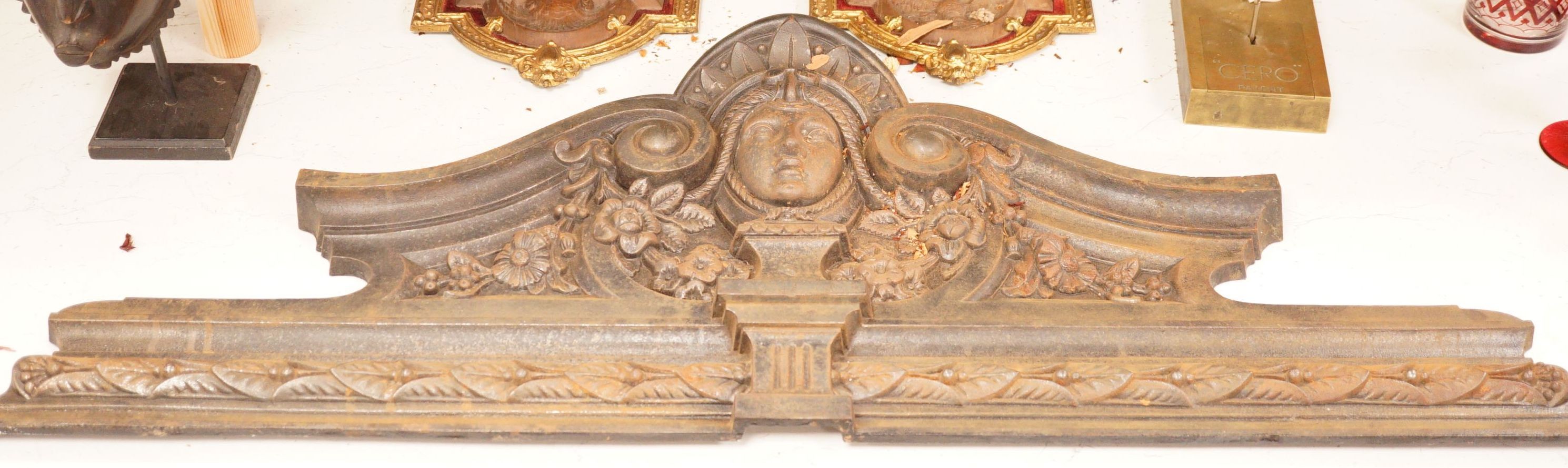 A wall mounted cast iron architectural pediment, 101cm                                                                                                                                                                      