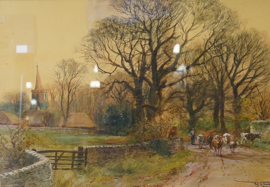 Henry Charles Fox (1860-1929), watercolour, Herder and cattle on a pathway, signed, 35 x 48cm. Condition - fair                                                                                                             