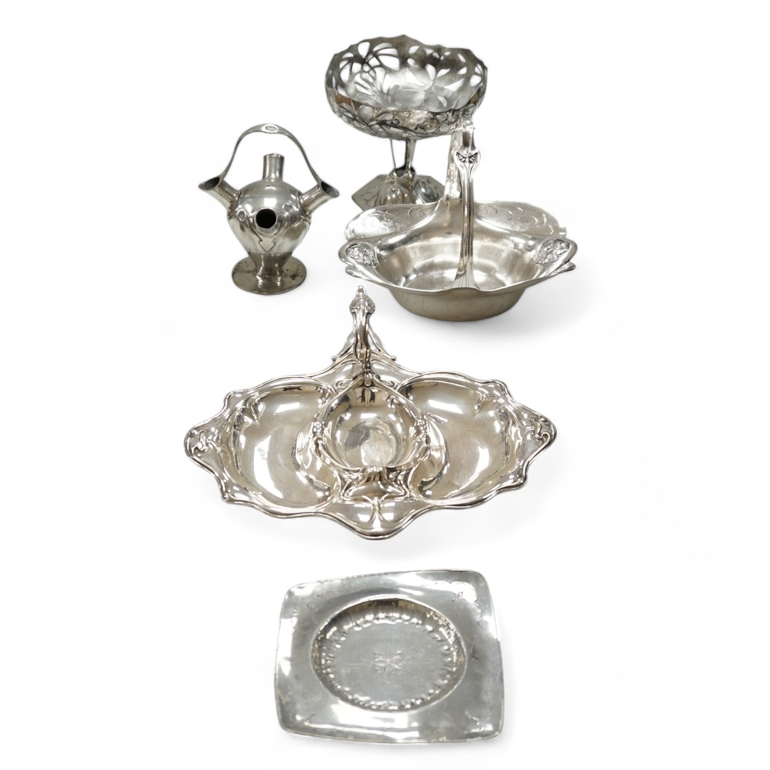 An Osiris Art Nouveau comport and four other Art Nouveau plated items. Condition - fair to good                                                                                                                             