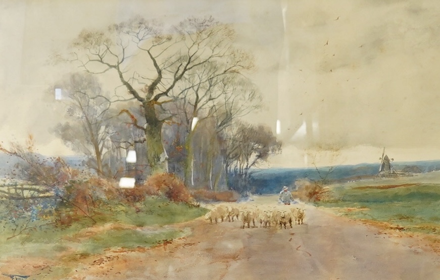 Henry Charles Fox (1860-1929), watercolour, Shepherd with flock of sheep, signed and dated '97, 36 x 54cm. Condition - fair to good                                                                                         