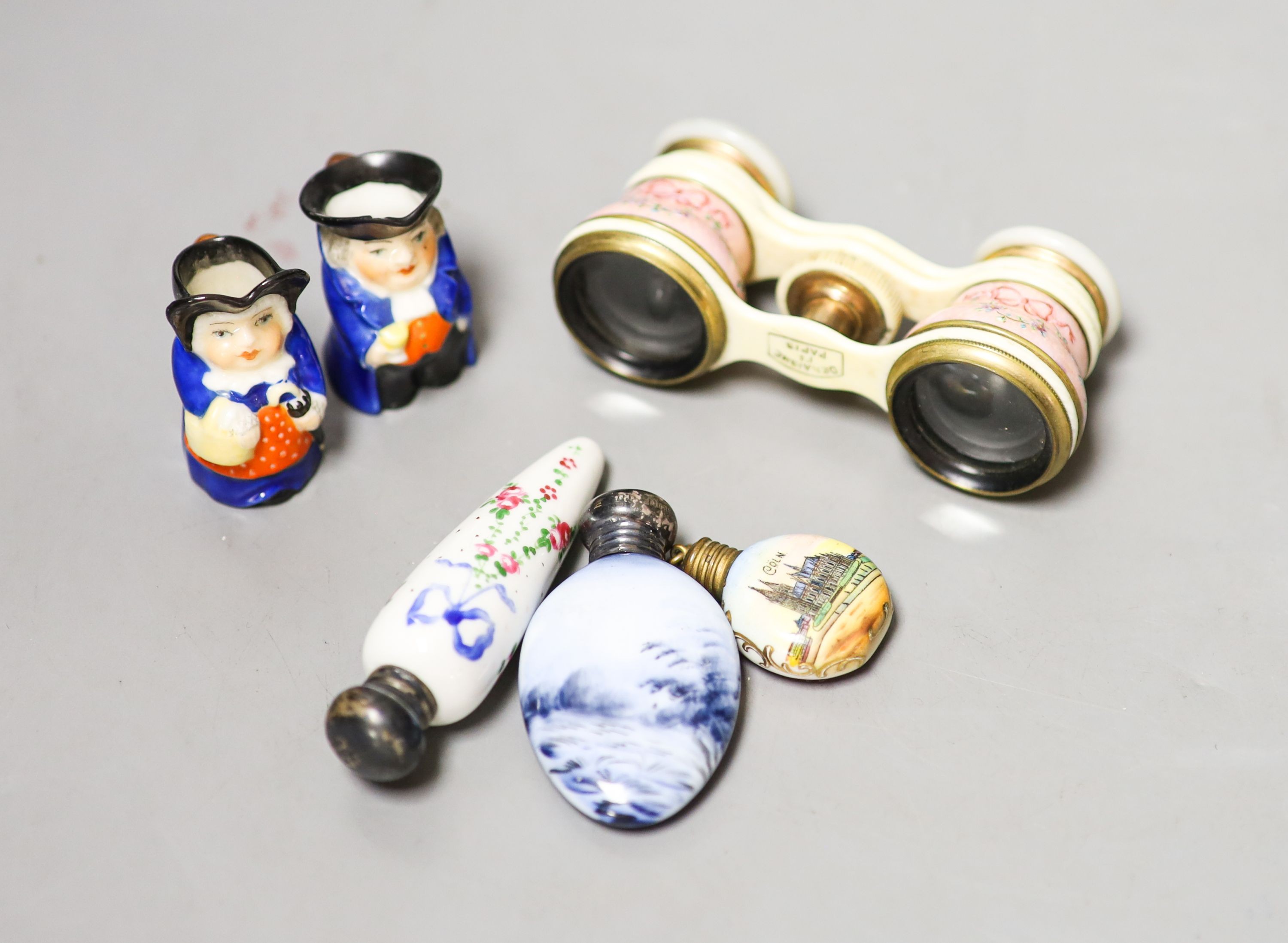 Cased pair of opera glasses, signed Deraisme, Paris, pair Royal Worcester miniature Toby jugs and three miniature scent bottles                                                                                             