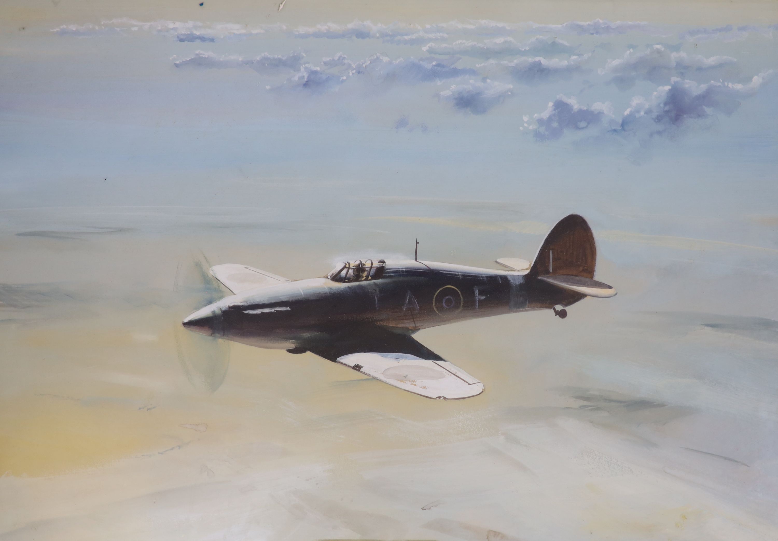 Gerald Coulson (1926-), gouache, Hurricane in flight, signed, 37 x 52cm                                                                                                                                                     