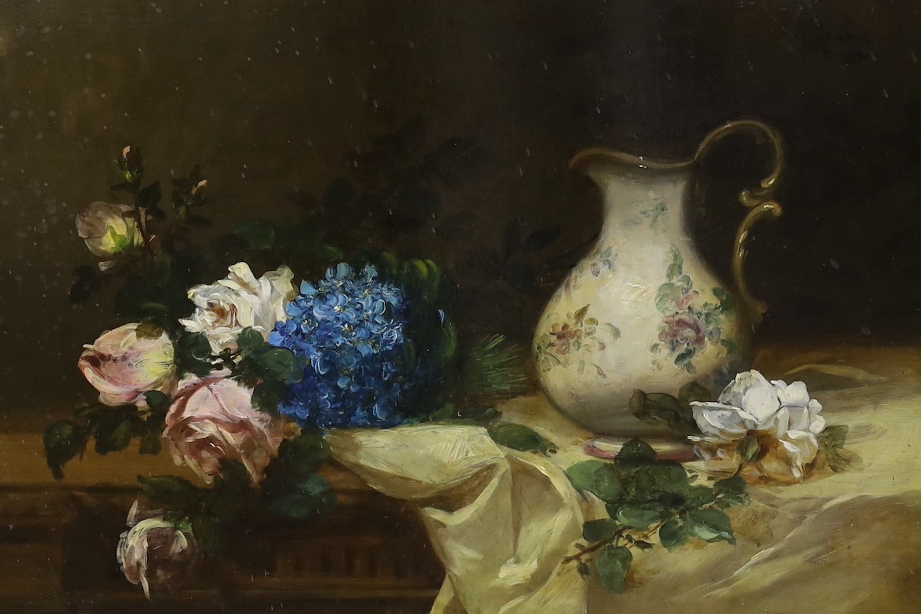 Alfred Rouby (French, 1849-1909), oil on wooden panel, Still life of flowers and a jug upon a table top, signed, 37 x 53cm                                                                                                  