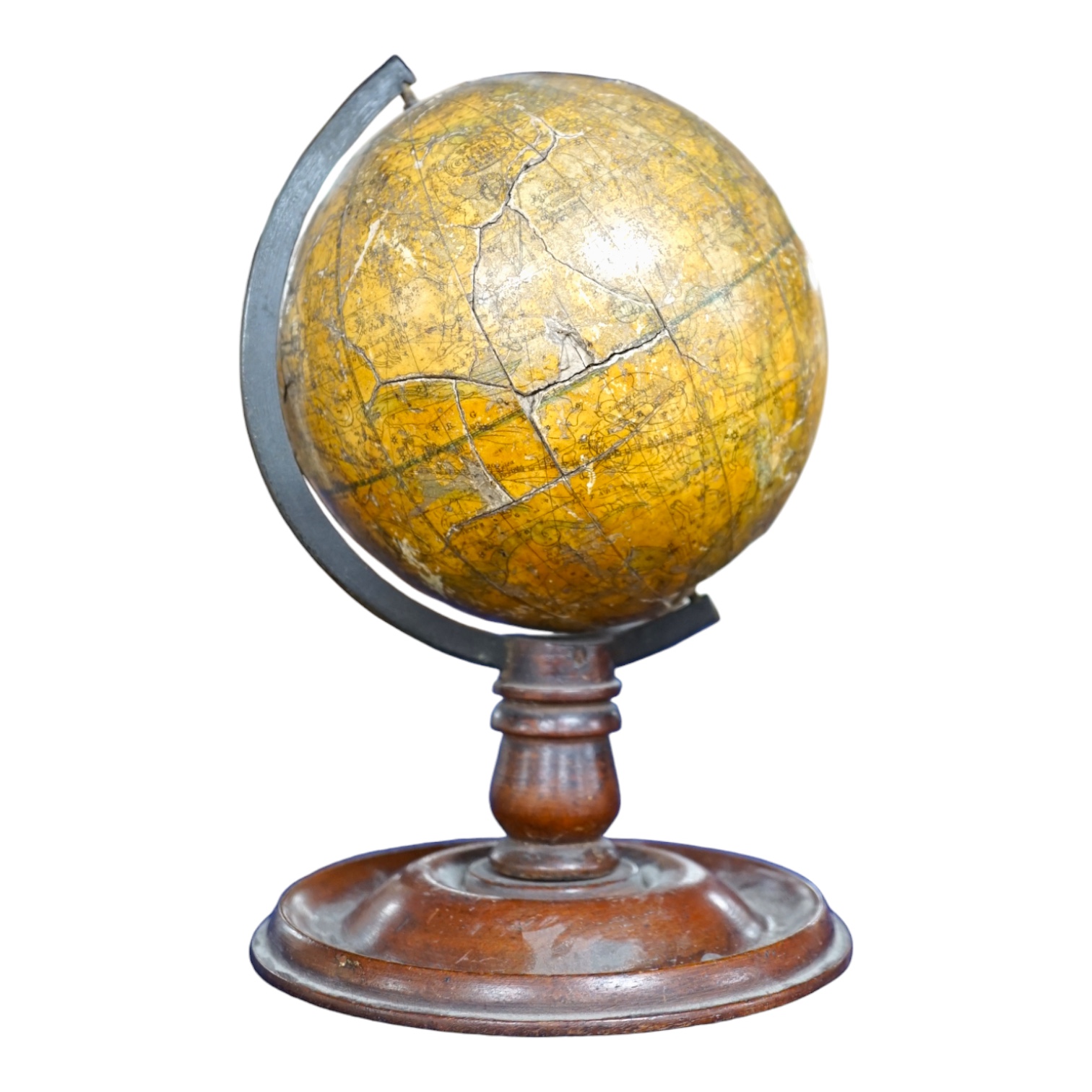 A 19th century 4.5 inch celestial globe on mahogany stand, with distinct maker’s mark reading; ‘Bales? New Celestial Globe 1846’, diameter 11cm. Condition poor, significant damage to the surface and missing sections of p