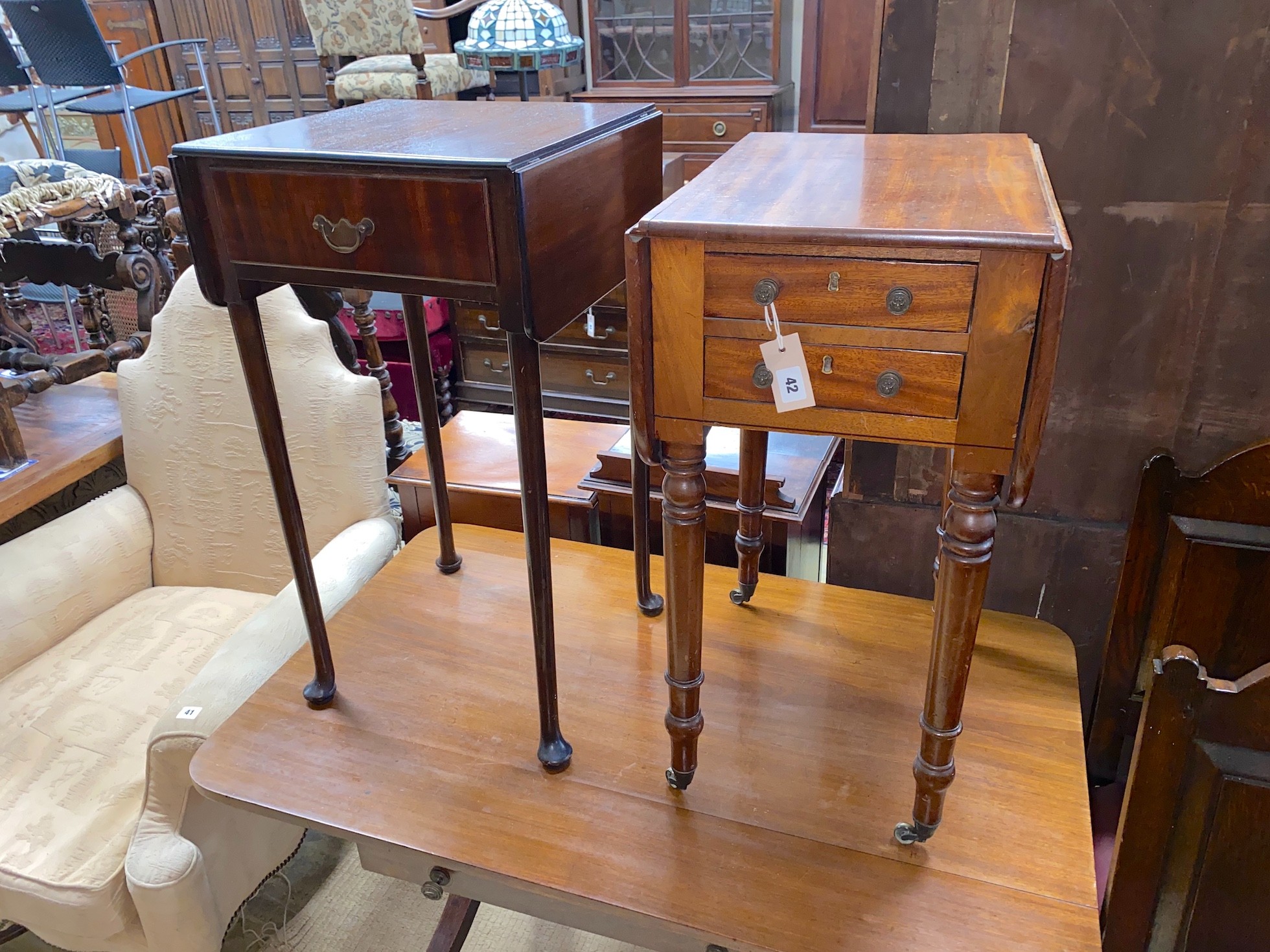 A Regency mahogany drop flap two drawer work table, together with an 18th century style mahogany drop leaf side table, larger width 42cm, depth 40cm, height 76cm                                                           