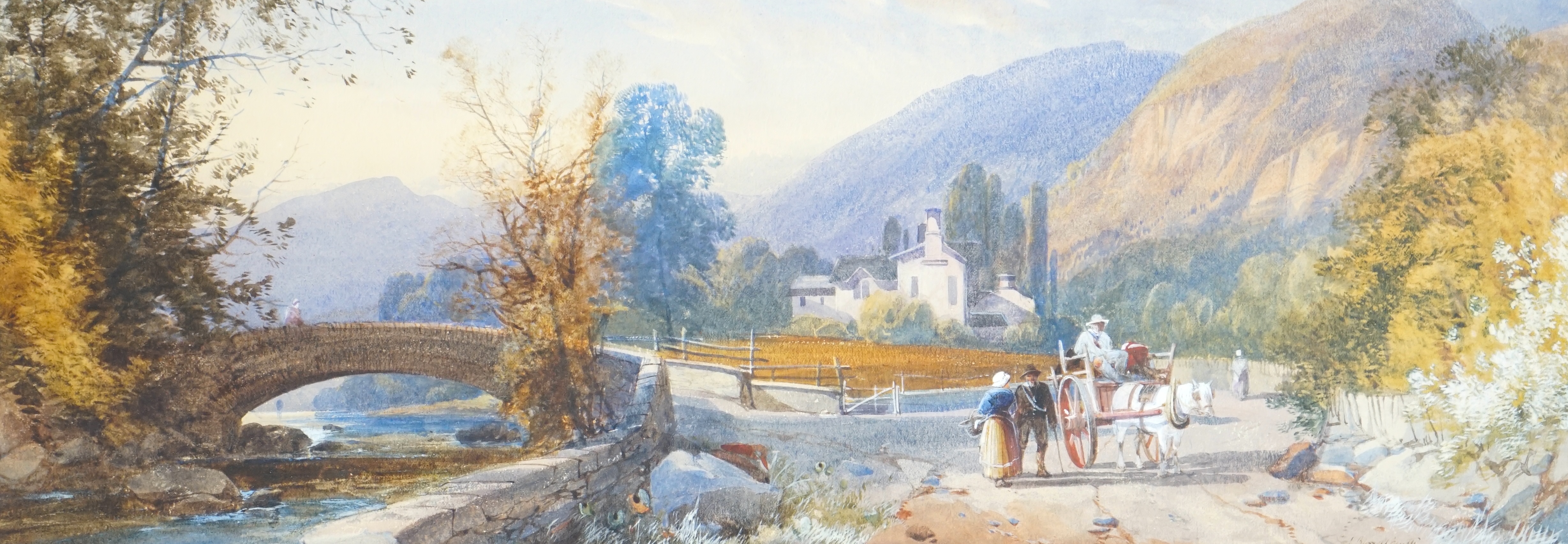 James Burrell Smith (British, 1822-1897), Italian landscape with horse, cart and stone bridge, watercolour, 17 x 47cm                                                                                                       