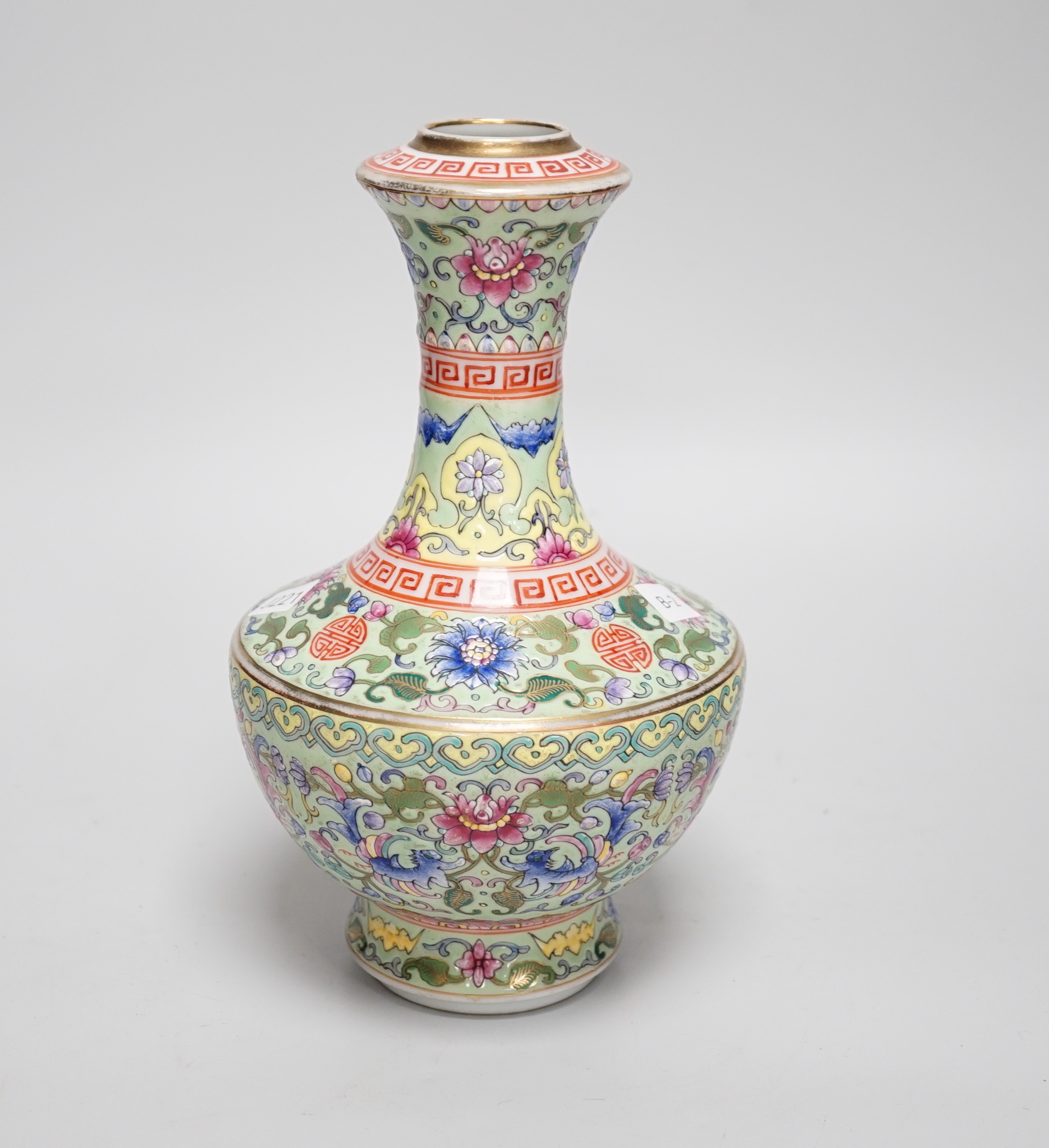 A Chinese enamelled porcelain celadon ground vase, 23.5cm                                                                                                                                                                   
