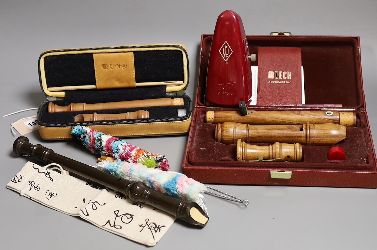 Two cased recorders, one other and a metronome etc                                                                                                                                                                          