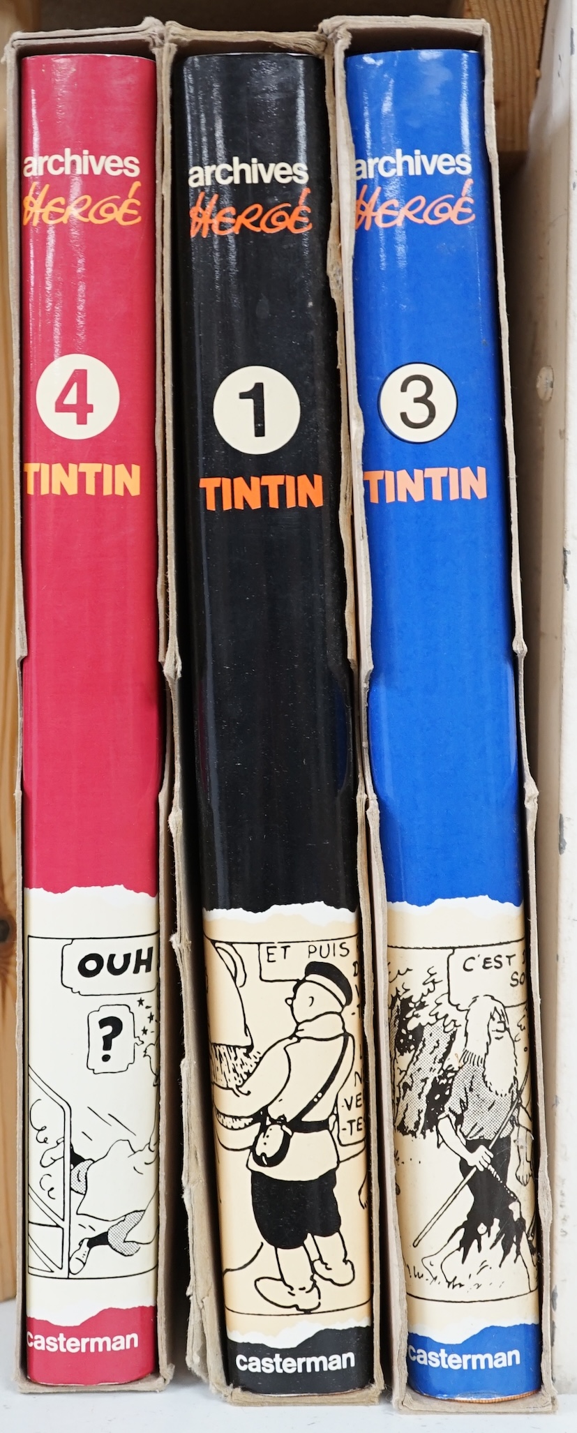 Casterman, Tintin ‘archives’, volumes: 1, 3 and 4, with folio covers and dust sheets, 24cm wide x 31cm high. Condition - good                                                                                               