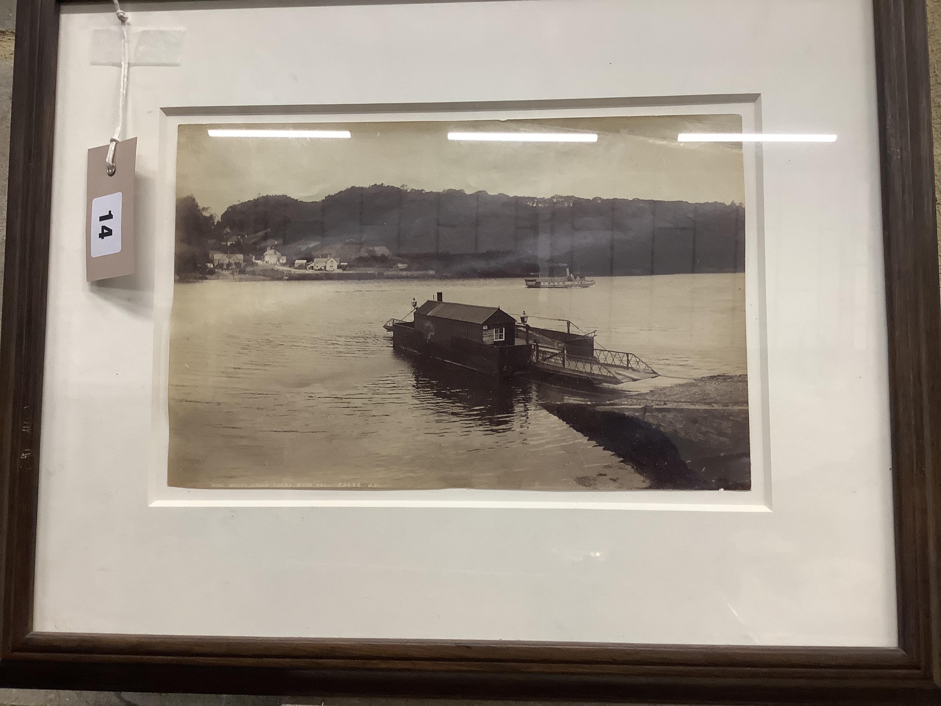 A vintage monochrome photograph “King Harry Steam Ferry, River Fal” numbered with monogram JV, framed, 29 x 19cm                                                                                                            