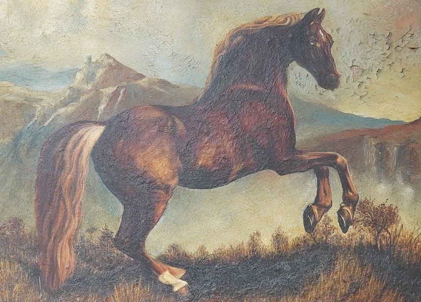 19th century style oil on board, Study of a rearing horse before a landscape, unsigned, 24 x 34cm, ornate gilt framed. Condition - poor                                                                                     