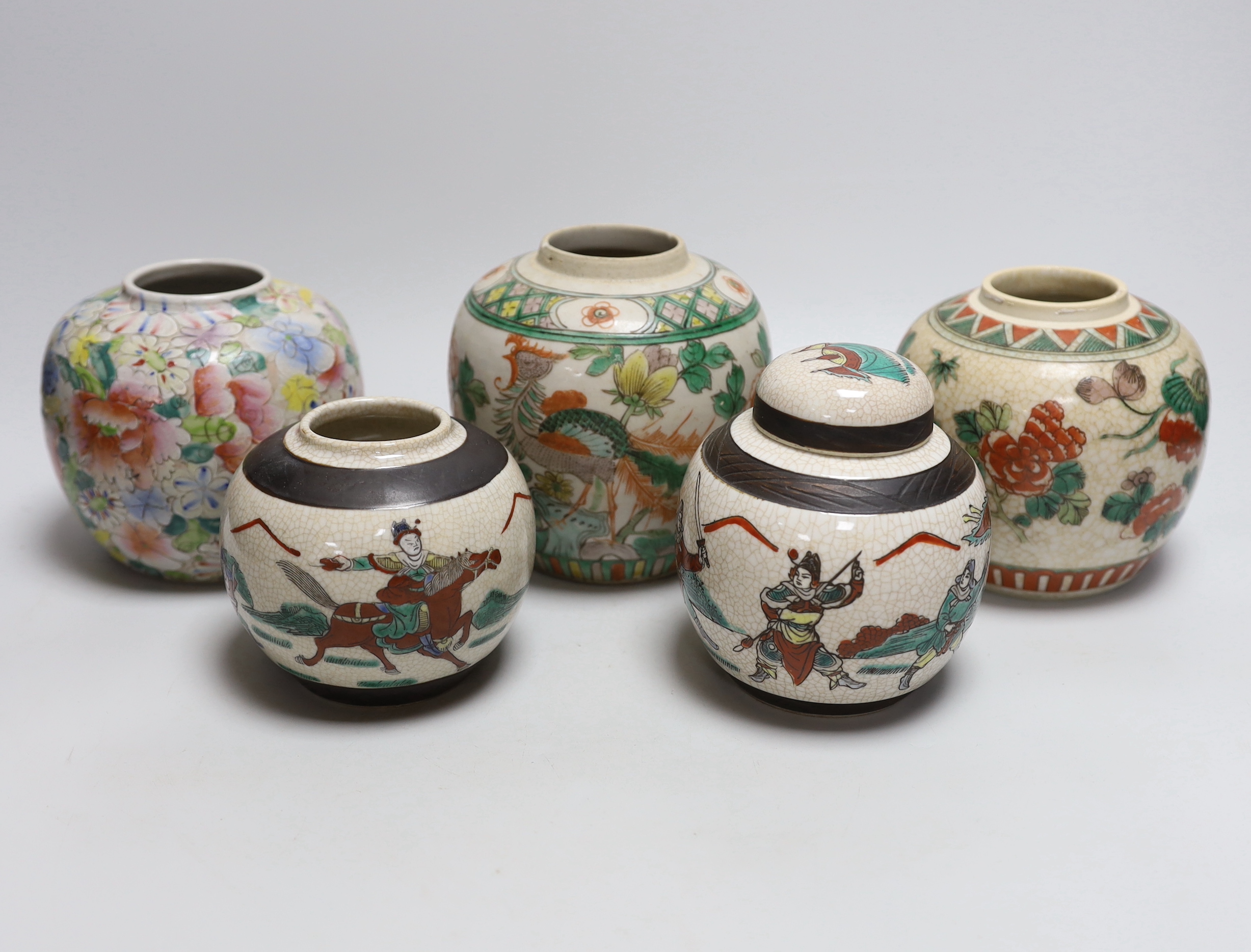 Five Chinese enamelled porcelain ginger jars, one with a cover, tallest 12cm high                                                                                                                                           