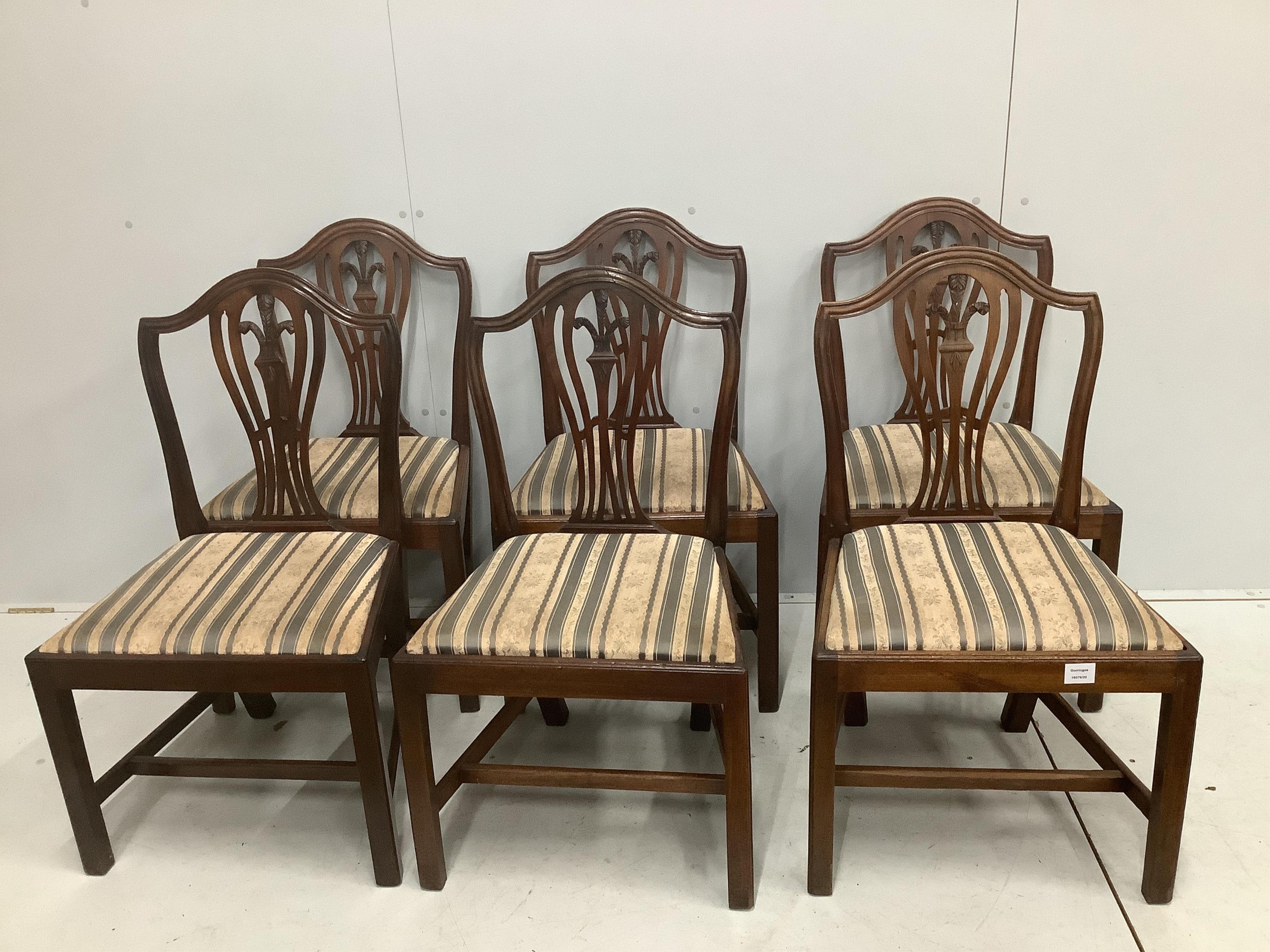 A set of six George III Hepplewhite period mahogany dining chairs. Condition - fair                                                                                                                                         