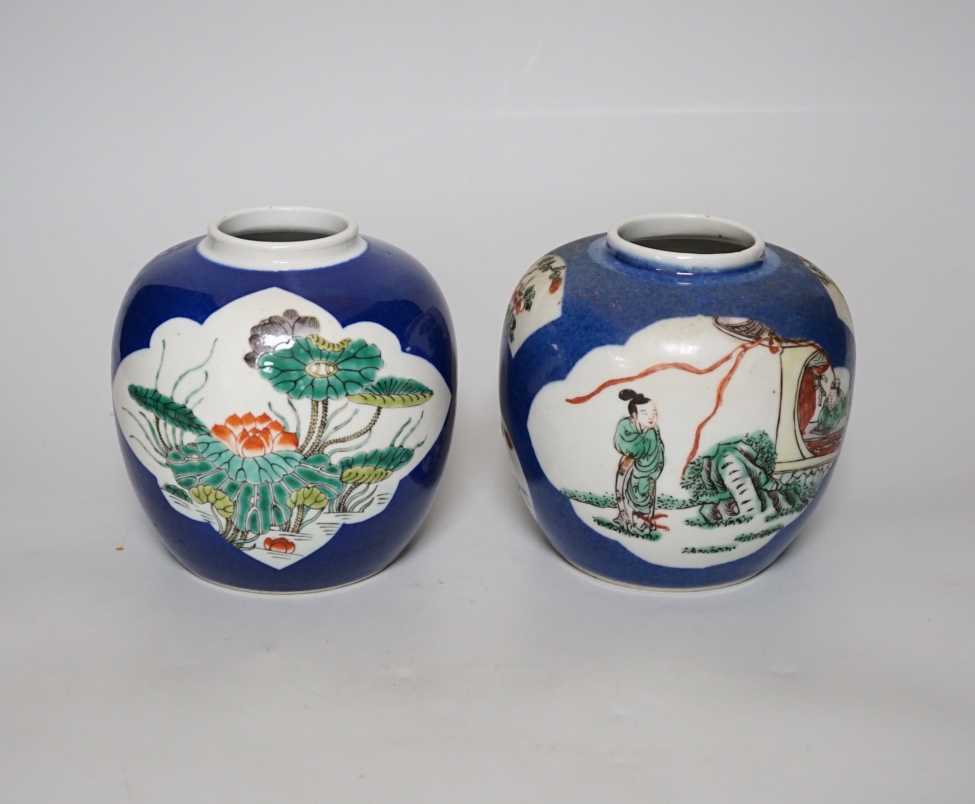 Two Chinese famille verte powder blue jars, early 20th century, 13cm high                                                                                                                                                   