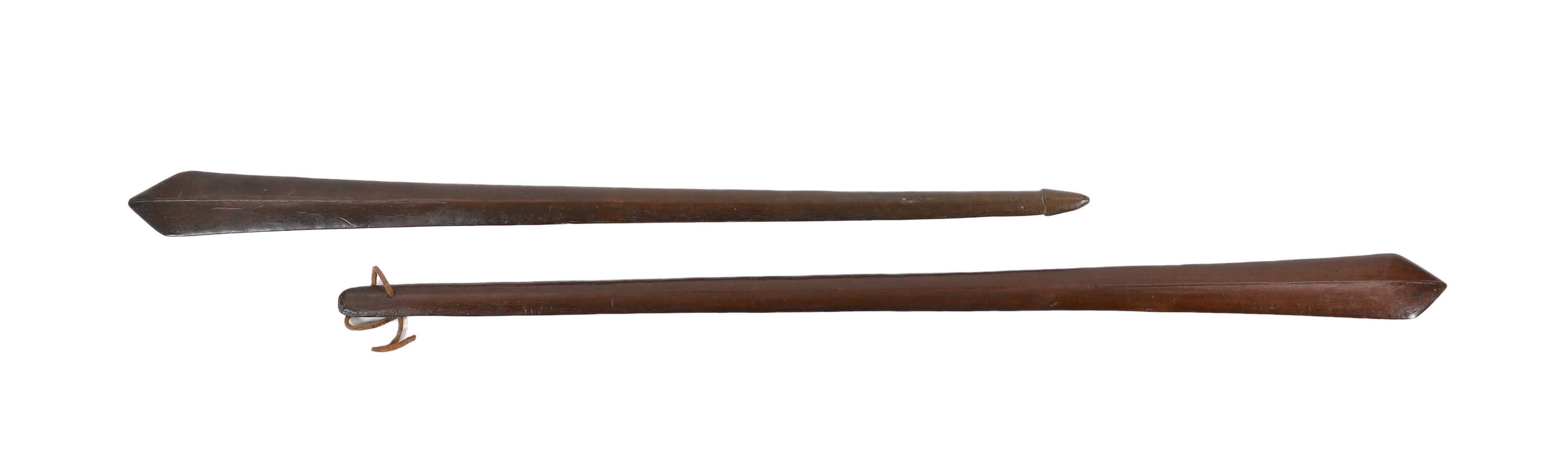 Two Teivakatoga Fijian hardwood war clubs, 120cm and 106cm long                                                                                                                                                             