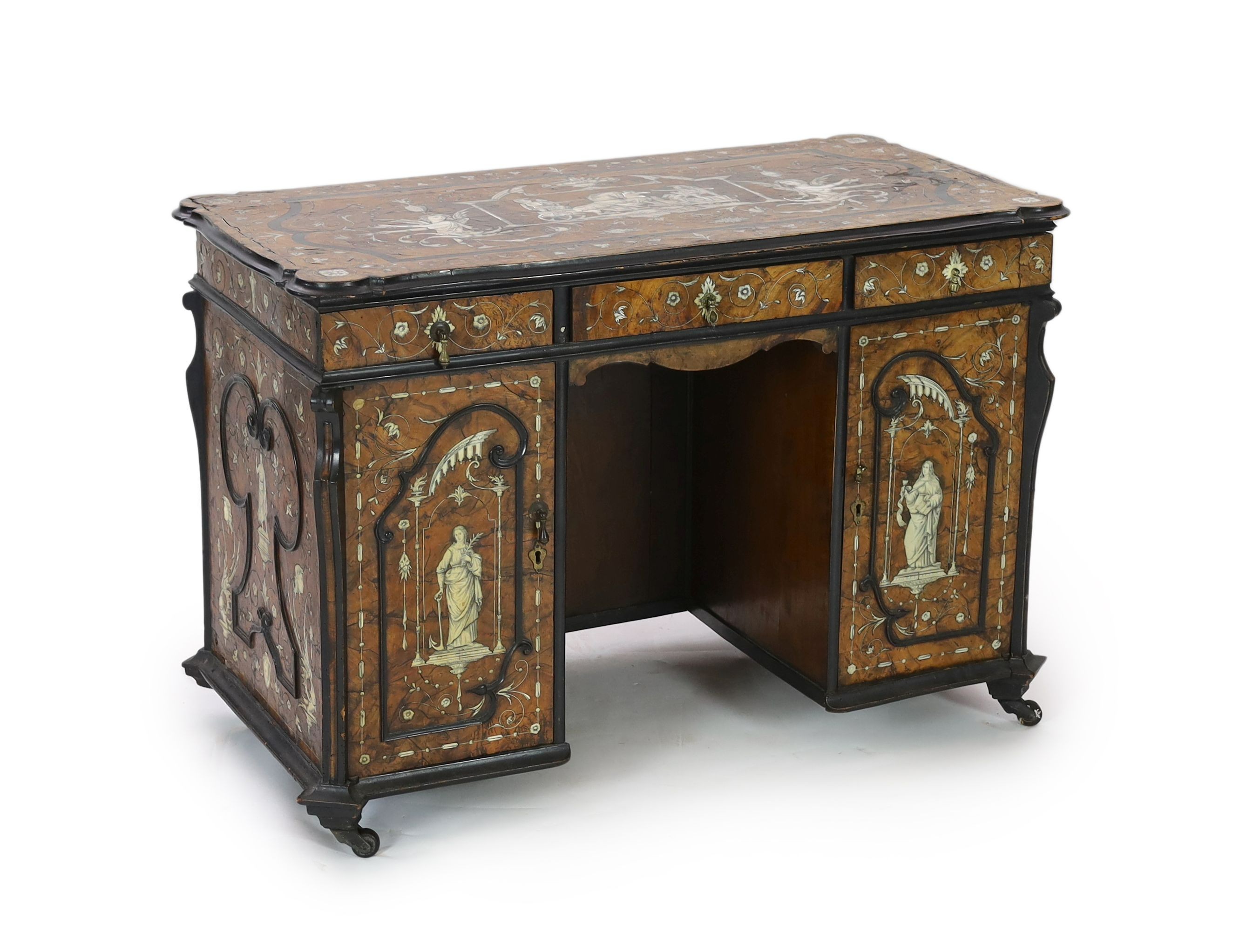 NOT TO BE CLEARED - SEE DG/AM An important 18th century Lombardy ebony banded walnut and ivory inlaid twin pedestal desk, the top and sides inlaid with a scenes from Homer’s Iliad, after original drawings by John Flaxman