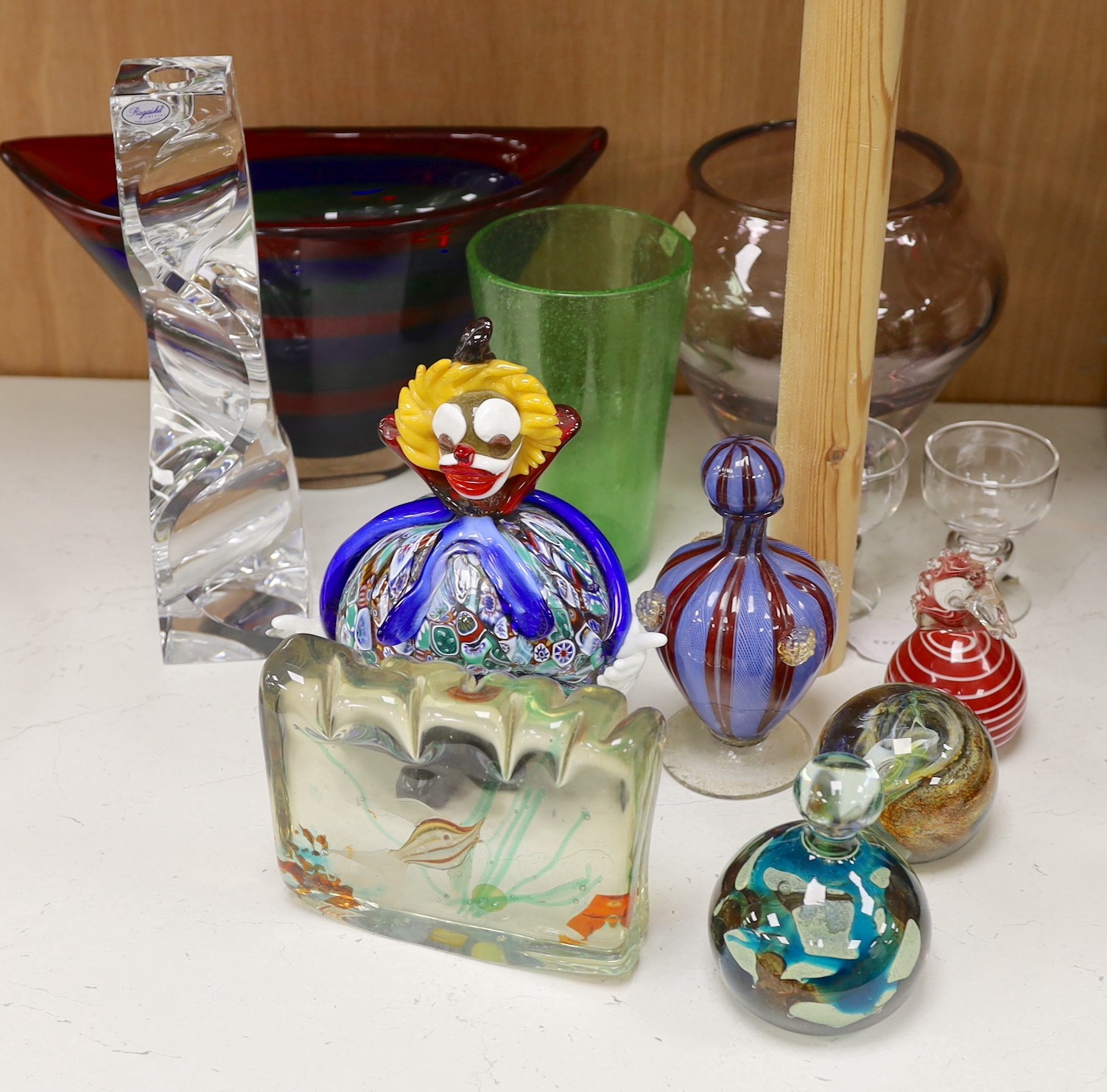 Mixed Murano and other art glass: including a Murano glass “aquarium” paperweight, label to base, 15cms wide x 13cms high                                                                                                   