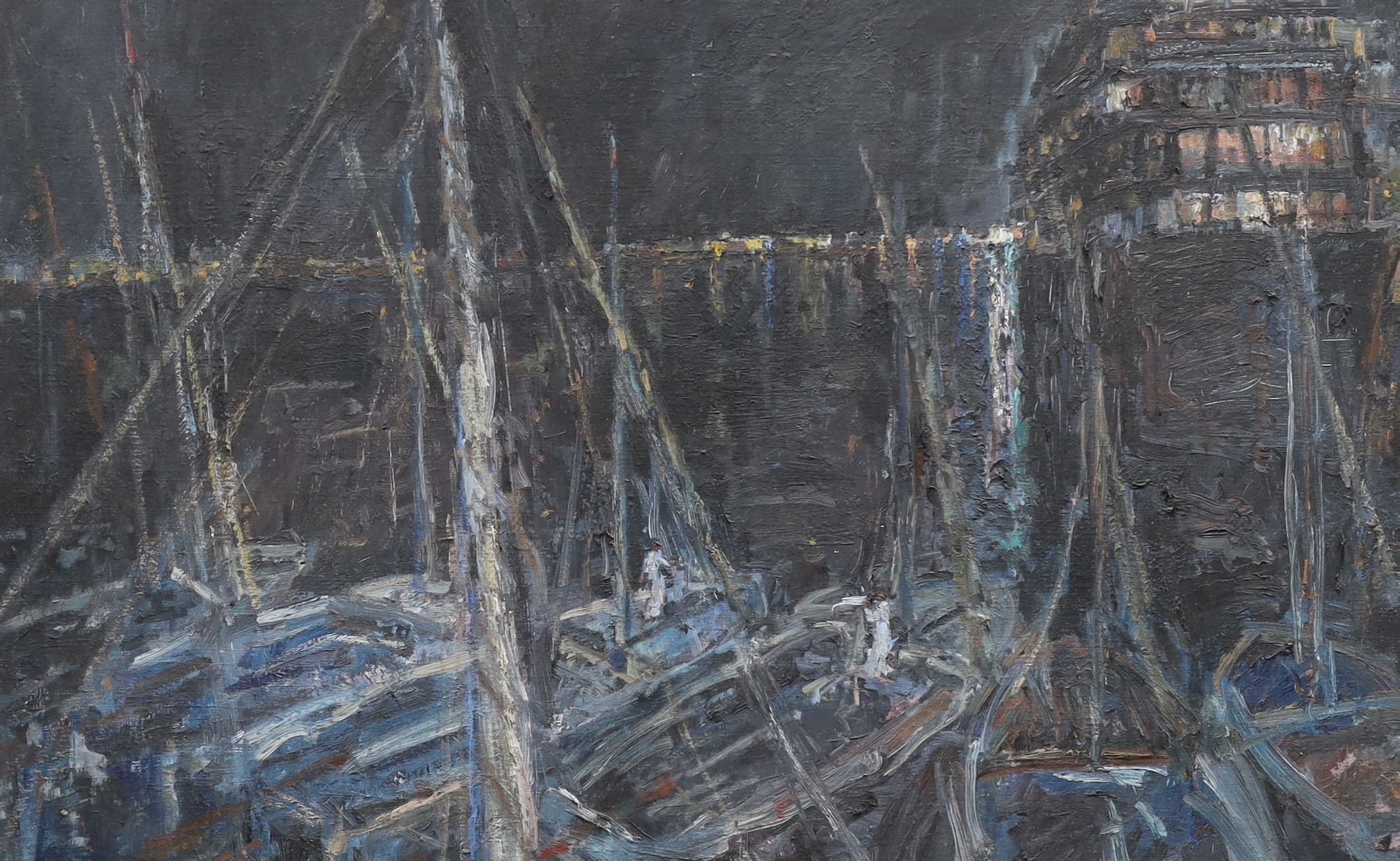 John Linfield (b.1930), oil on board, Harbour at night, signed and dated '93, 60 x 90cm                                                                                                                                     