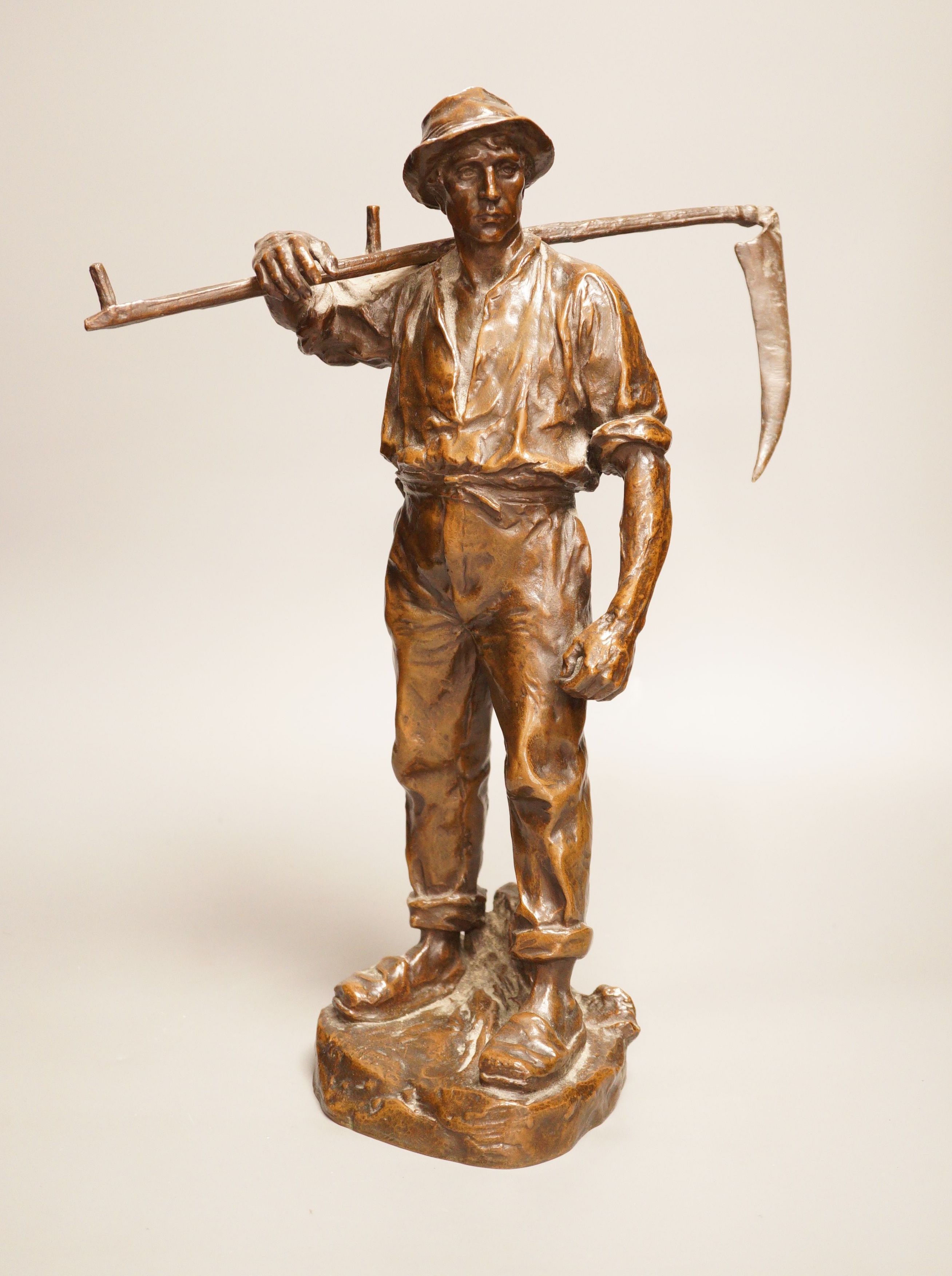 Hans Muller (Austrian, 1837-1937) a bronze group of a farmhand with scythe, signed to base, 39cm tall                                                                                                                       