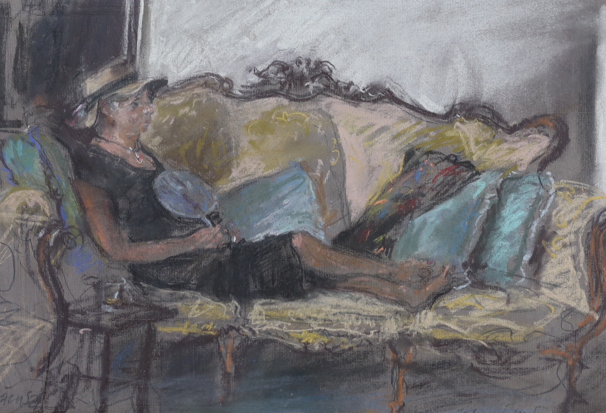 John Linfield (b.1930), pastel, Woman reclining upon a settee, signed and dated 2008, 33 x 48cm                                                                                                                             