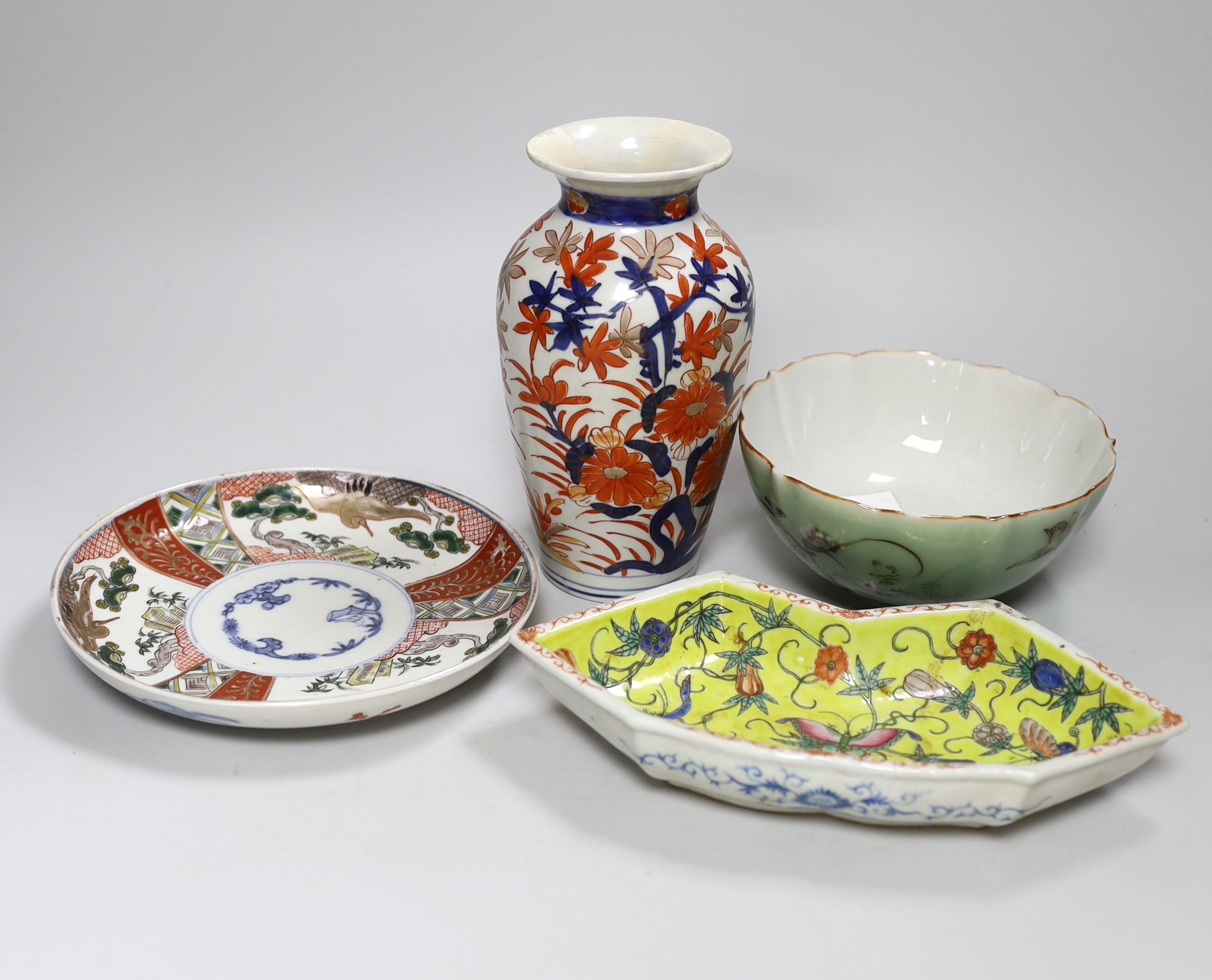 A Japanese Imari vase, a dish and green glazed bowl, together with a Chinese hors d'oeuvres dish-24cm wide                                                                                                                  