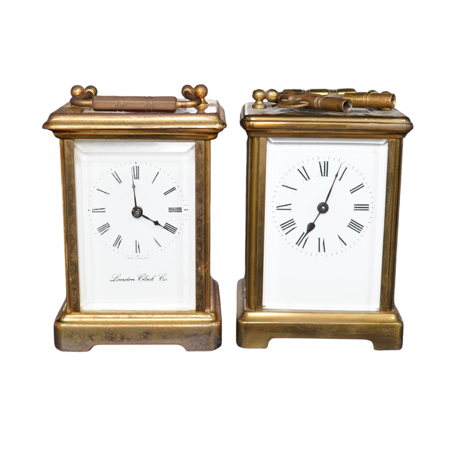 Two late 19th century French brass cased carriage timepieces, largest 11cm high. Condition - good, unchecked if working                                                                                                     