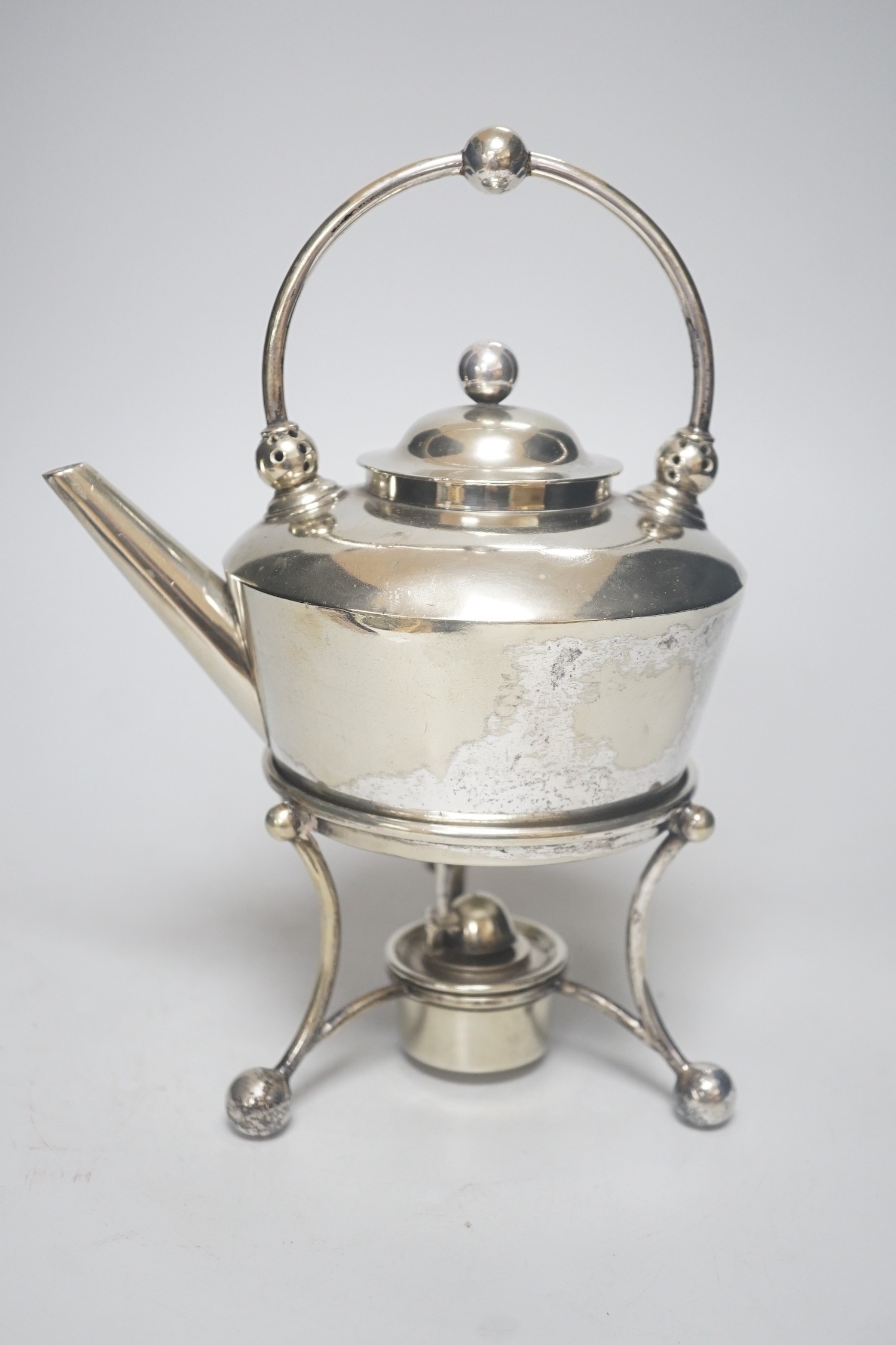 A Dresser style electroplate tea kettle, burner and stand                                                                                                                                                                   