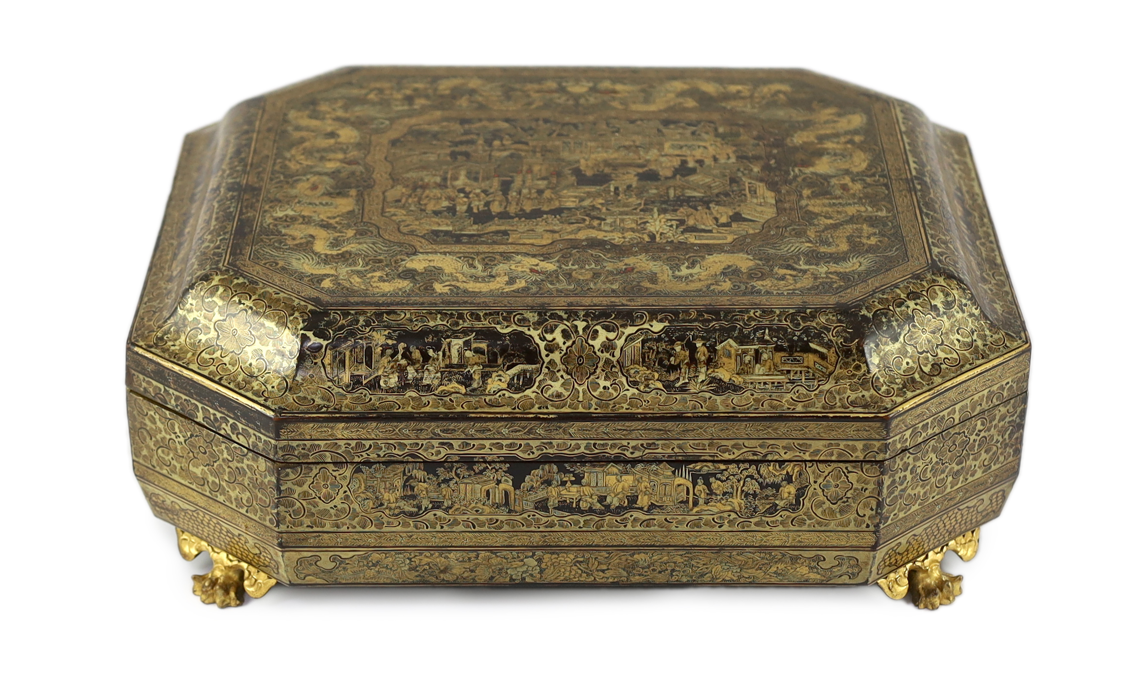 A Chinese Export gilt-decorated black lacquer games box, c.1830                                                                                                                                                             