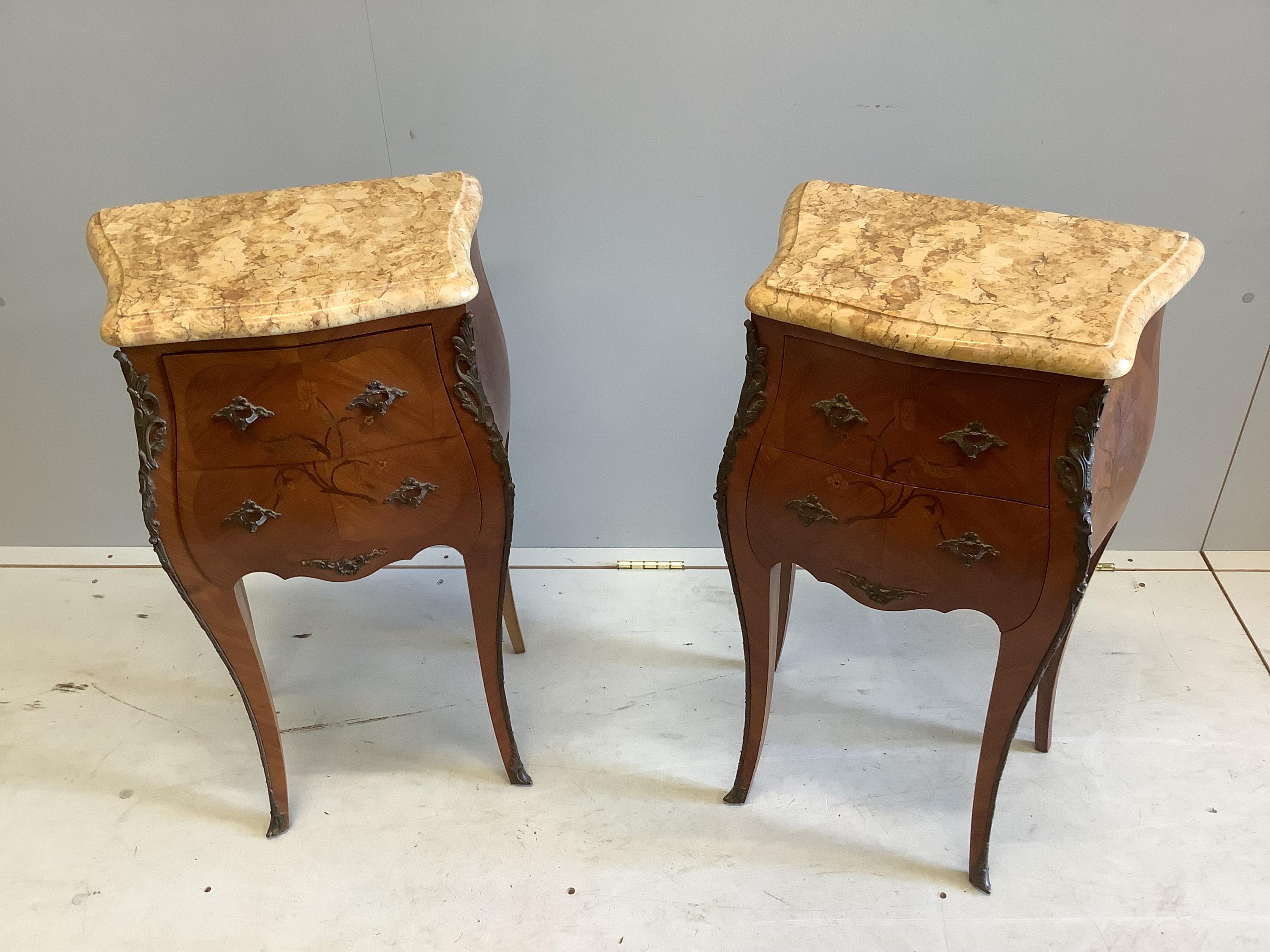 A pair of Louis XVI style inlaid kingwood marble top bombe bedside chests, width 42cm, depth 30cm, height 73cm. Condition - good                                                                                            