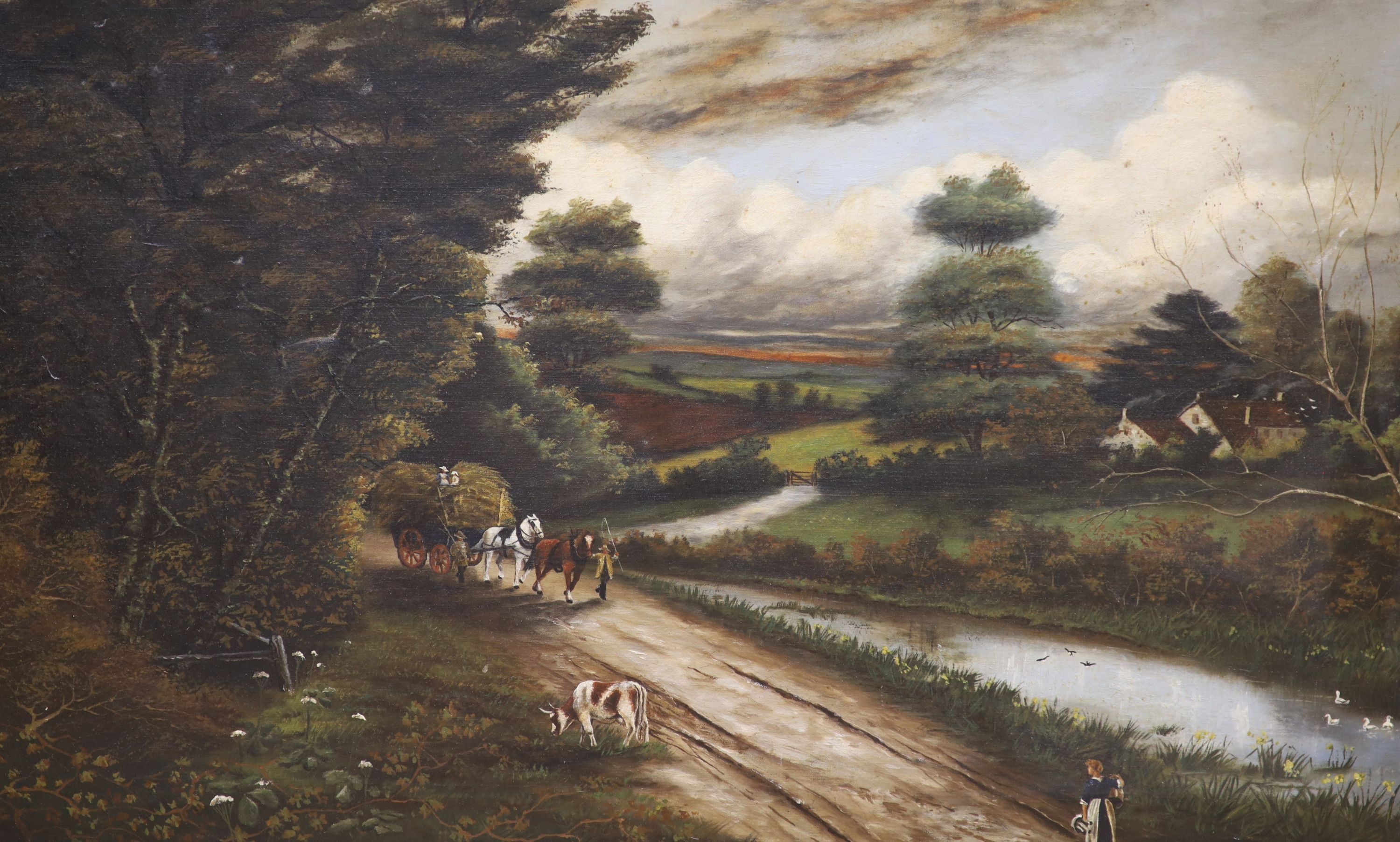 English School c.1900, naive oil landscape, 58 x 87cm                                                                                                                                                                       