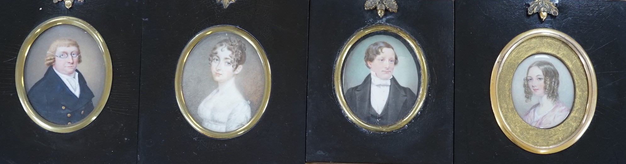 A selection of four framed and glazed portrait miniatures relating to the Robson and Walford Family. To include the subjects of: Oliver Walford of Charterhouse (1814-1855), James Robson of Conduit Street (1723-1806), Mar