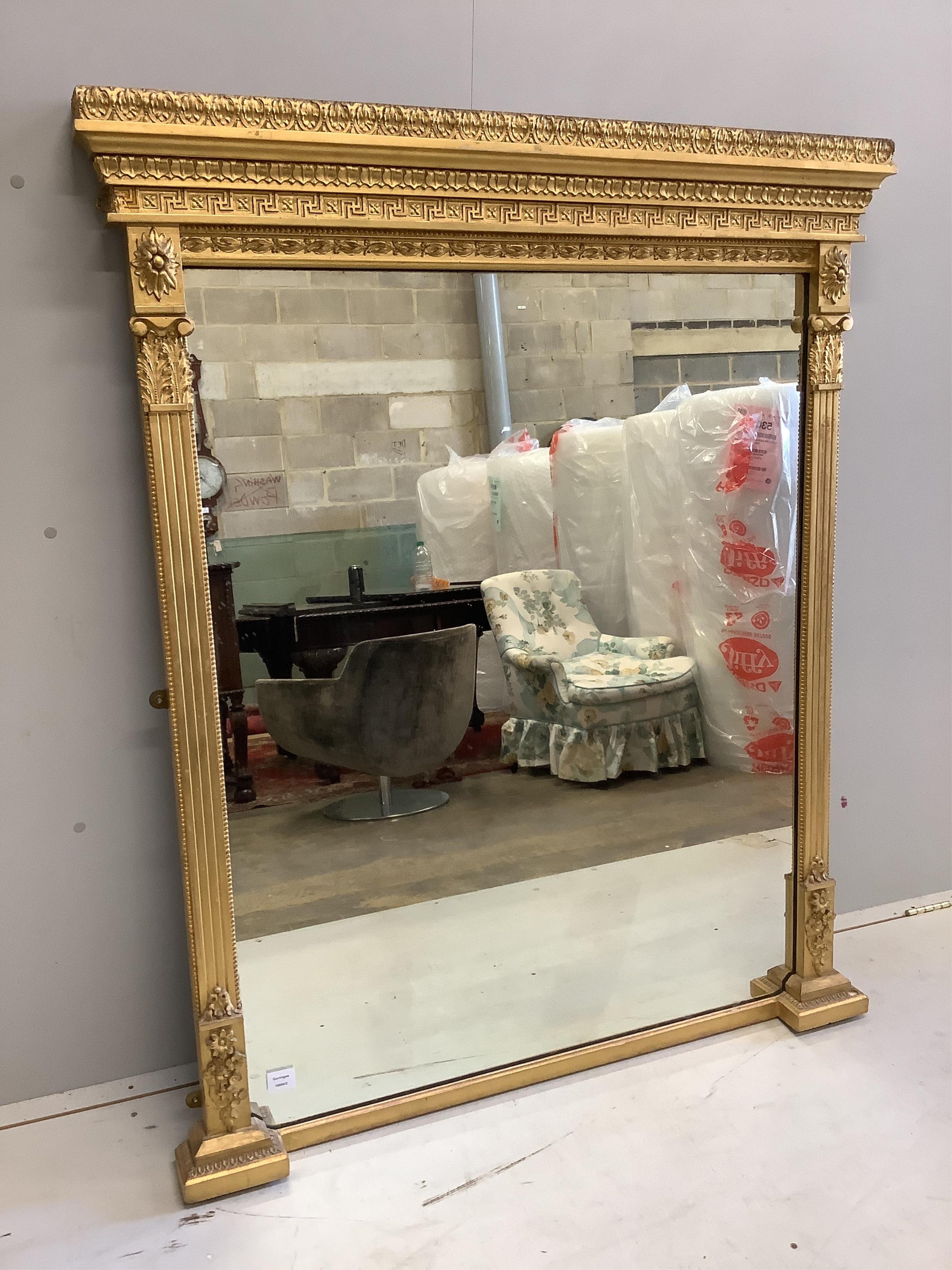 A Victorian giltwood and composition overmantel mirror, width 118cm, height 144cm. Condition - good                                                                                                                         